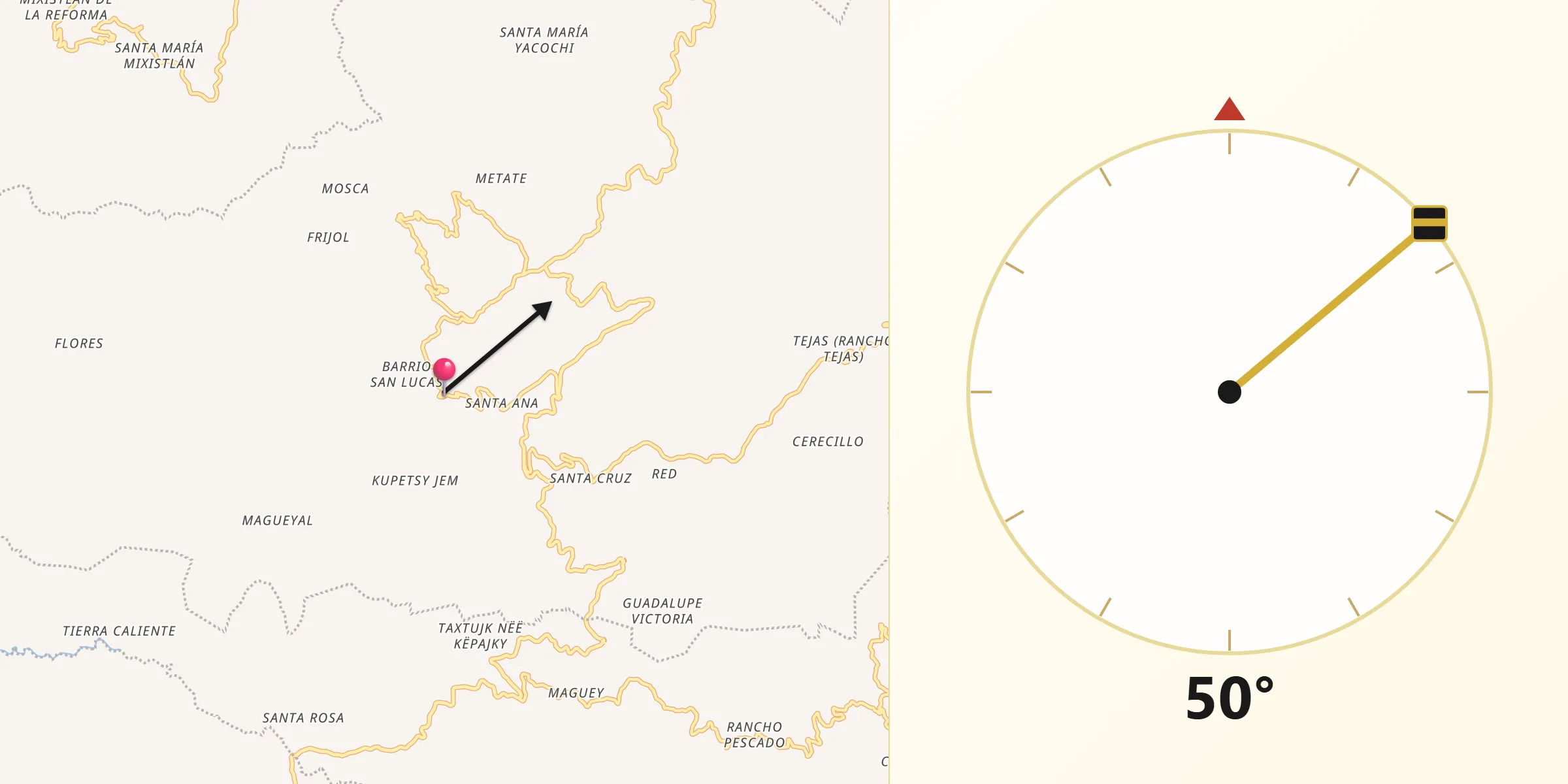 Dirección de la Qibla desde Tlahuitoltepec