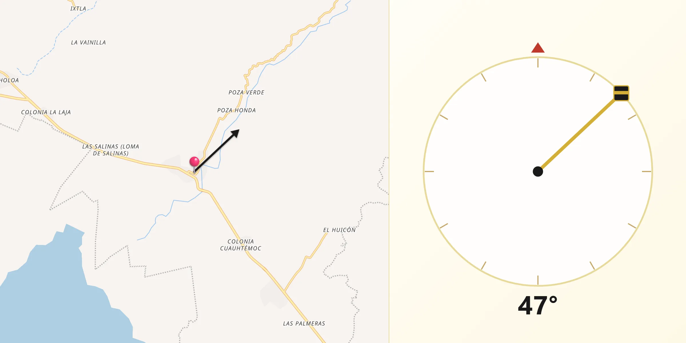 Dirección de la Qibla desde Cacalutla