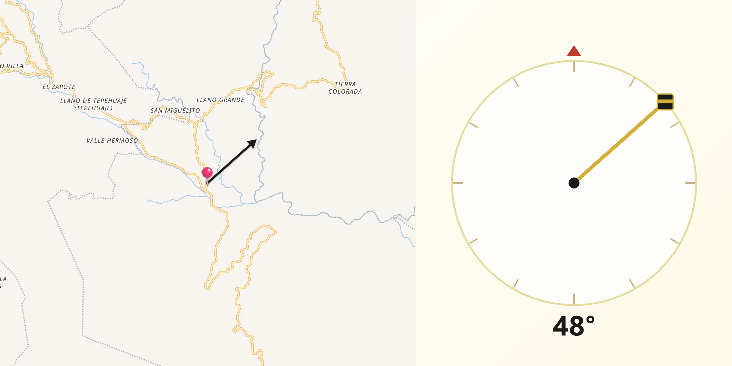 Dirección de la Qibla desde Jicayán de Tovar