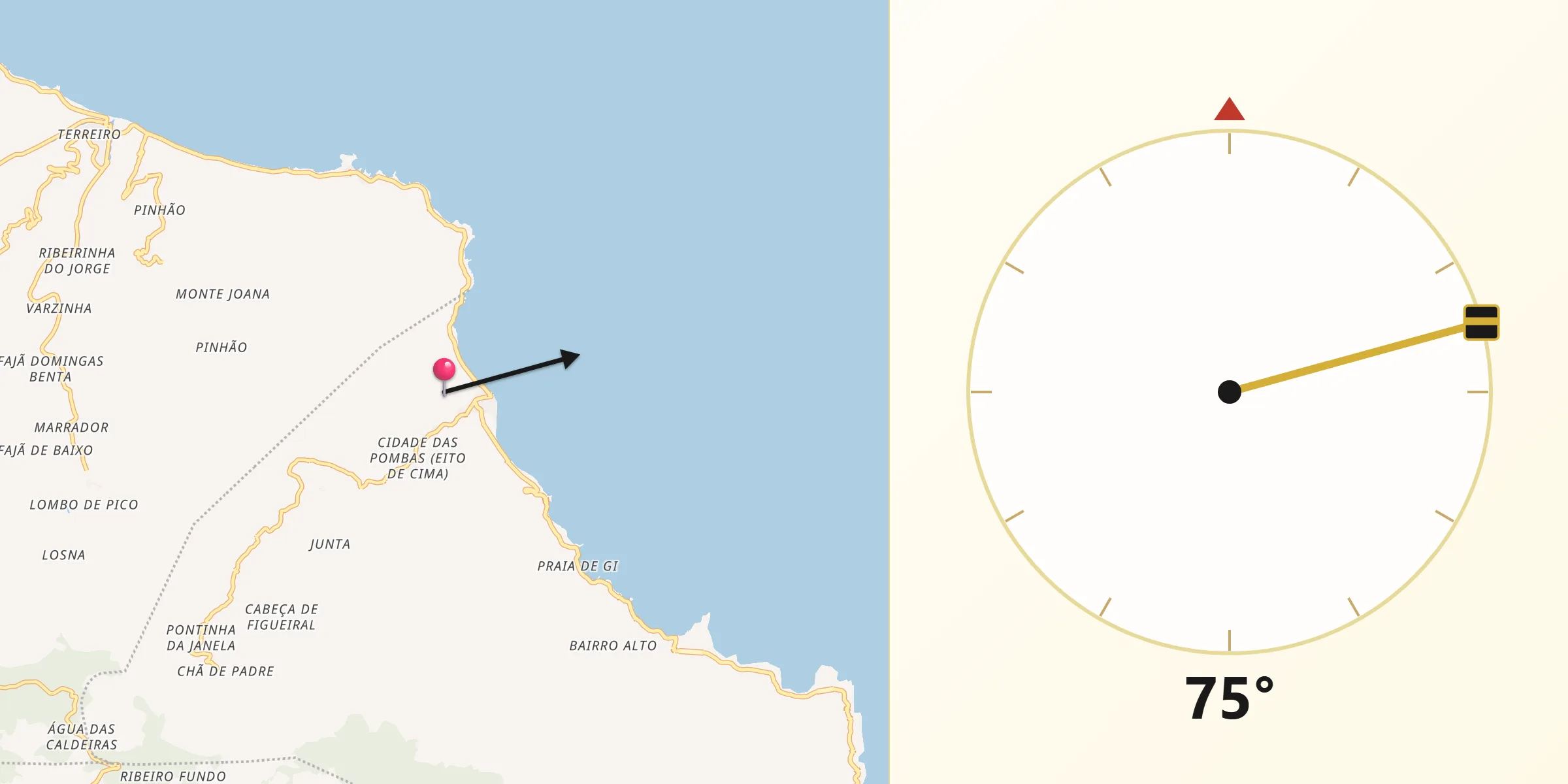 Direção da Qibla a partir de Pombas