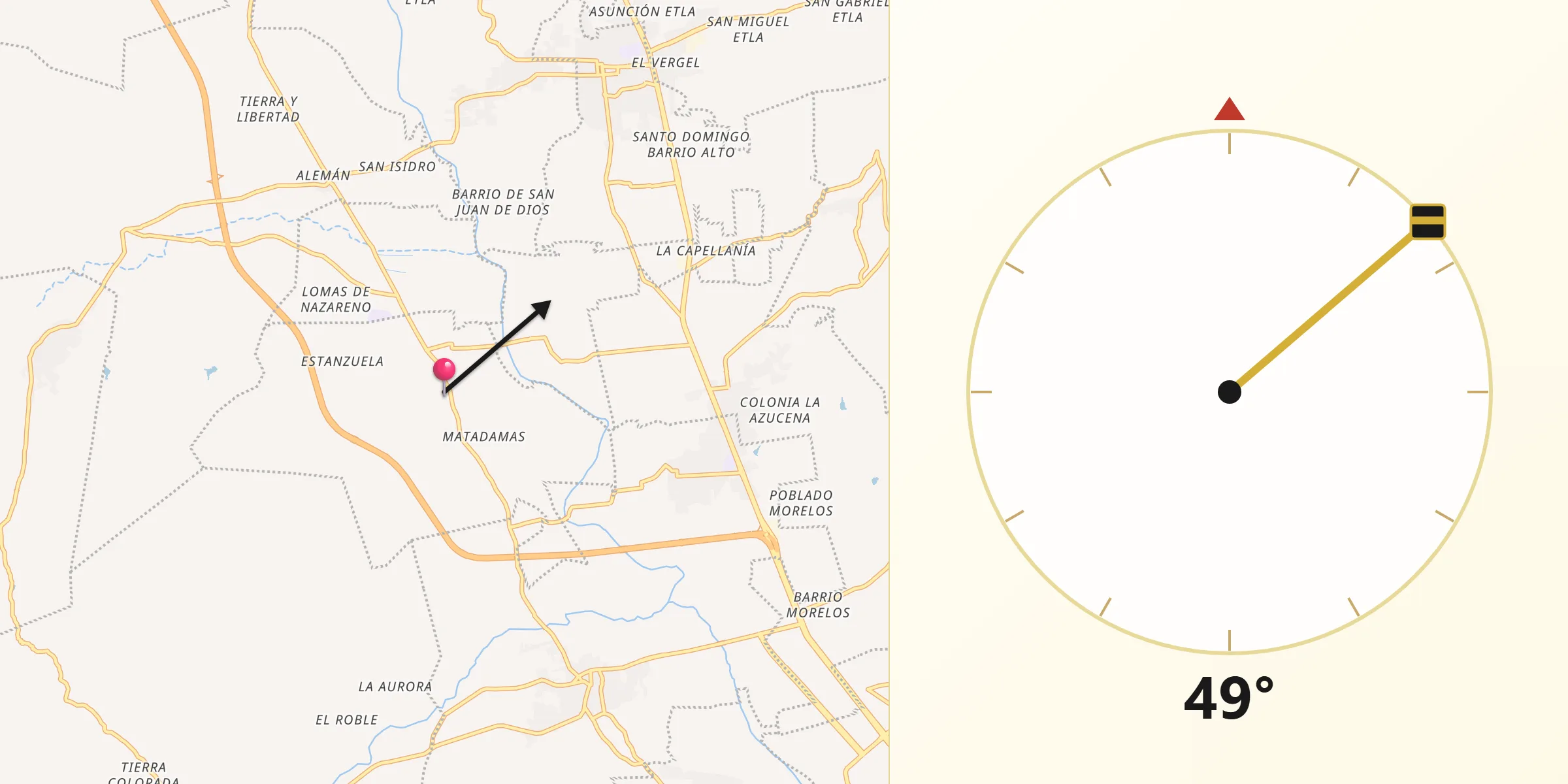 Dirección de la Qibla desde Soledad Etla