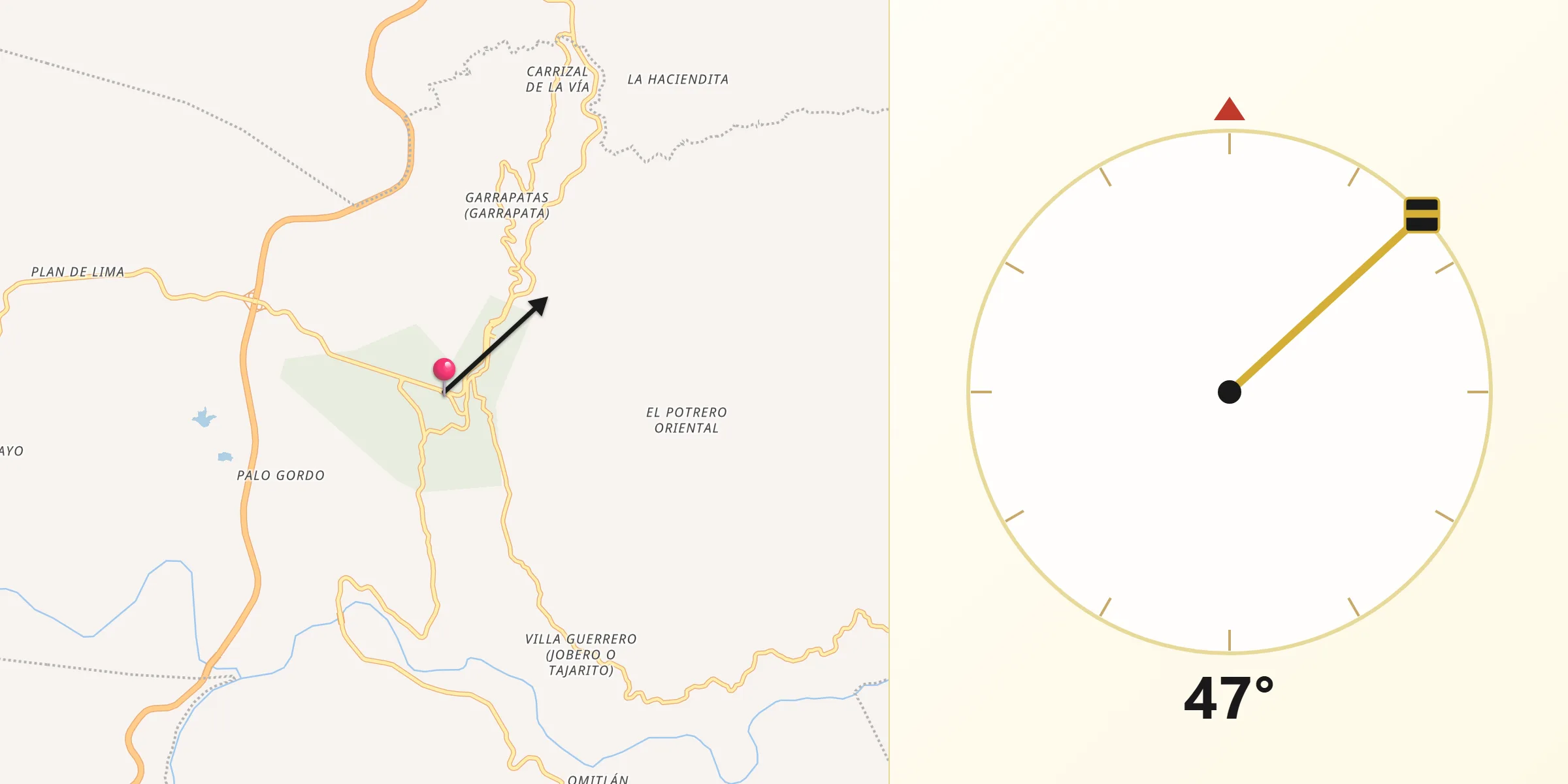 Dirección de la Qibla desde Tierra Colorada