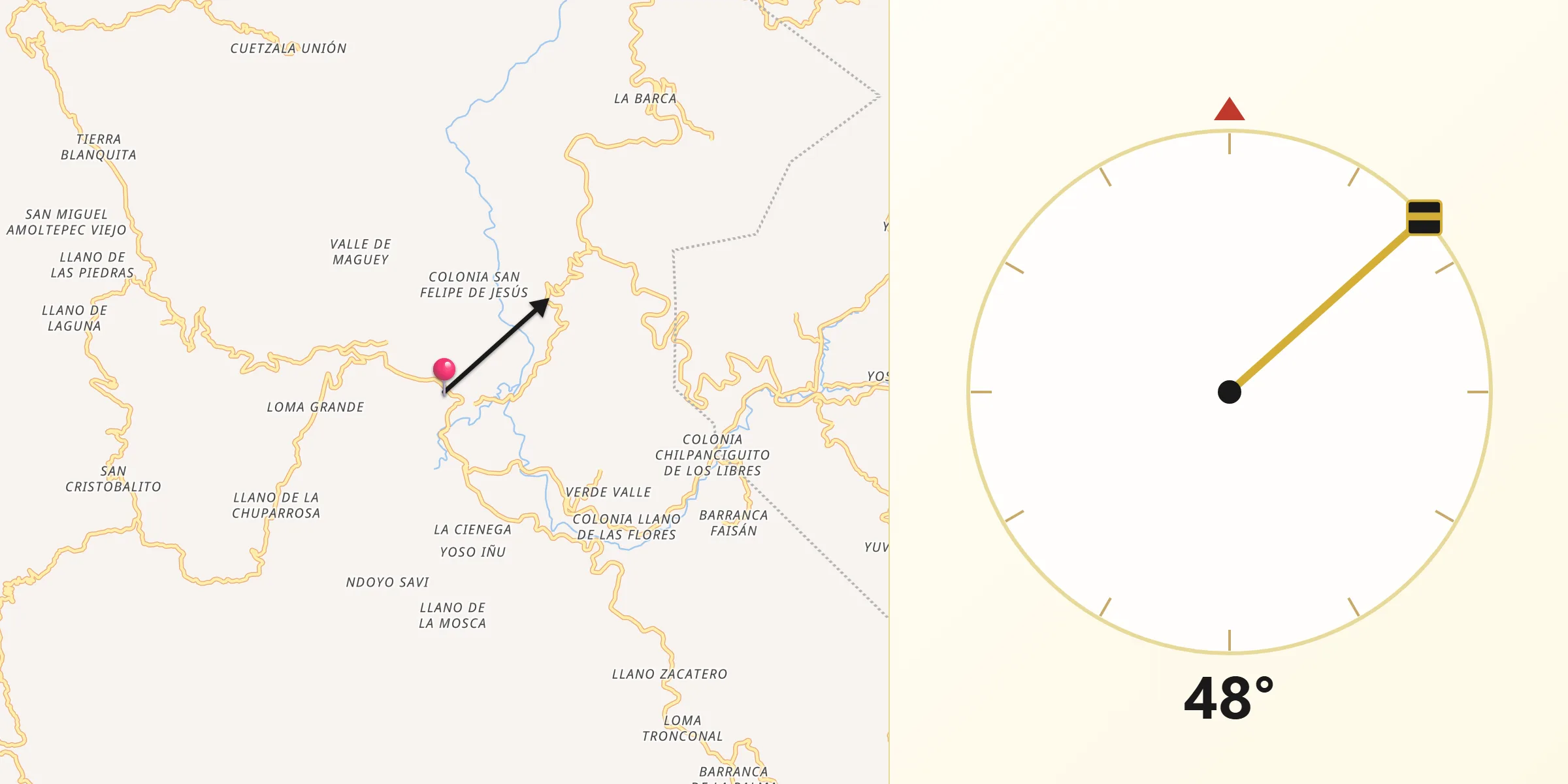 Dirección de la Qibla desde Cochoapa el Grande