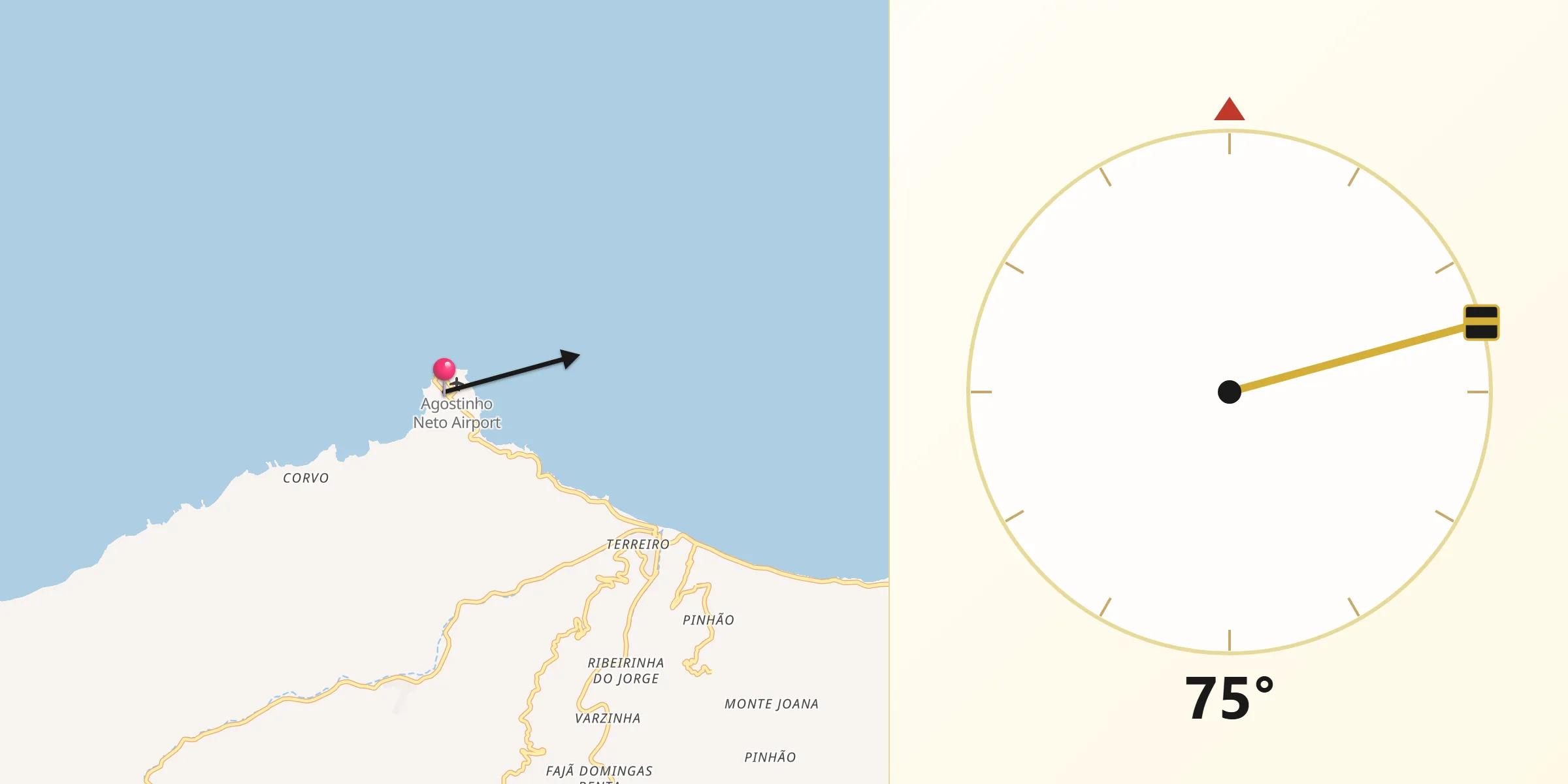 Direção da Qibla a partir de Ponta do Sol