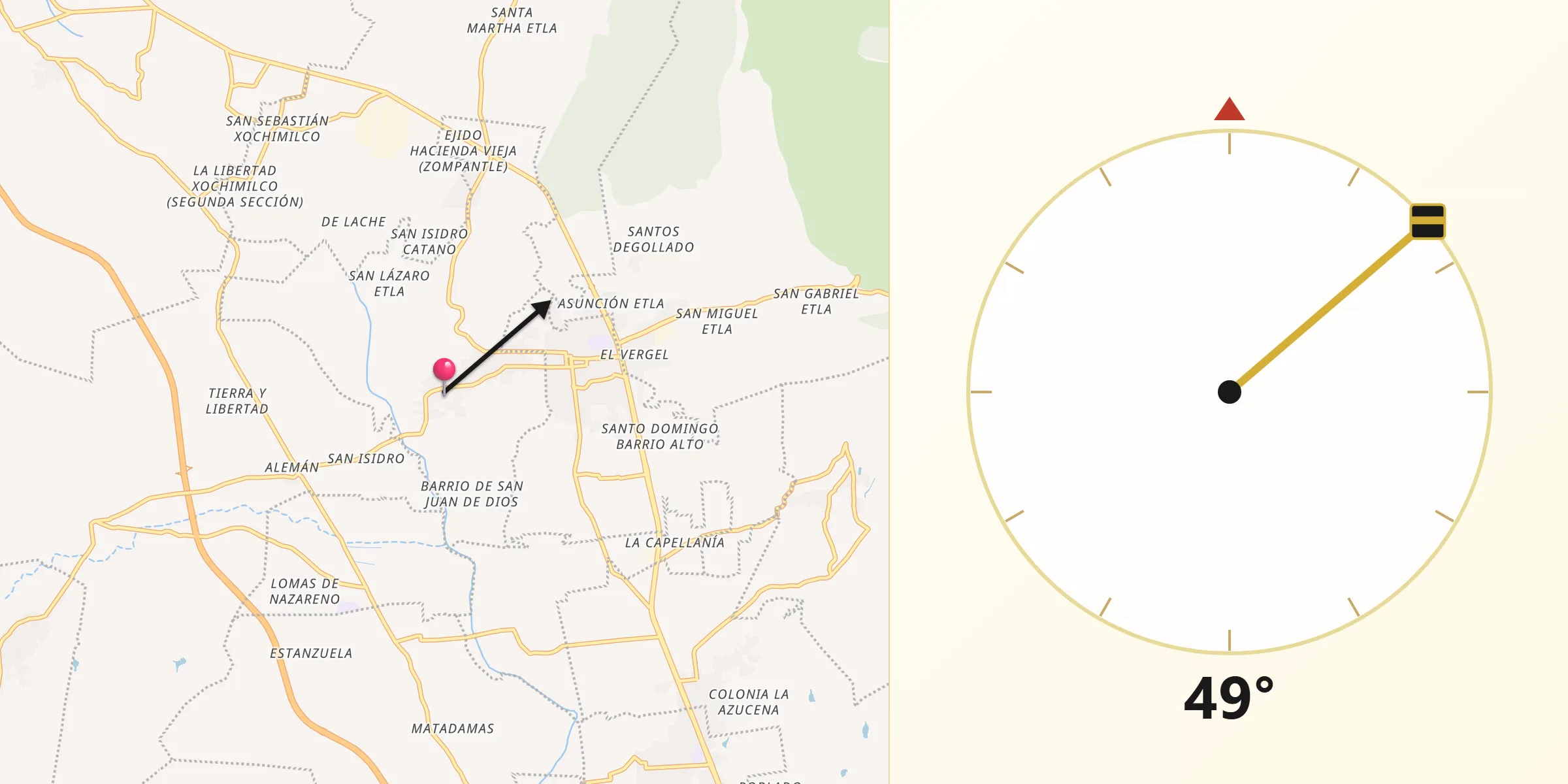 Dirección de la Qibla desde Reyes Etla