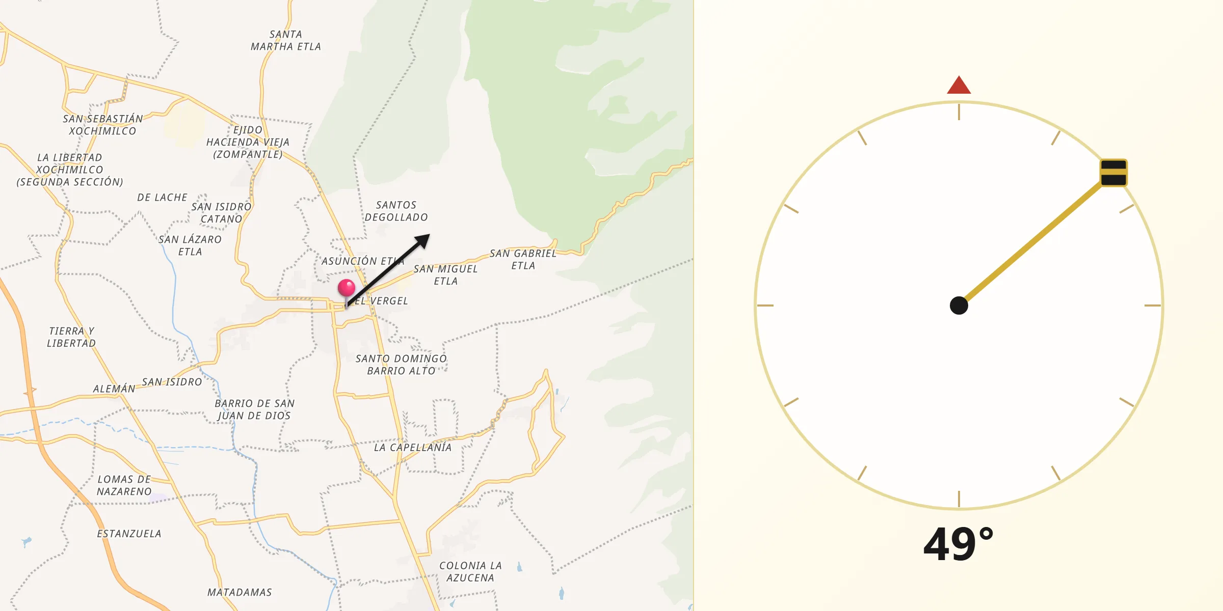 Dirección de la Qibla desde Villa de Etla