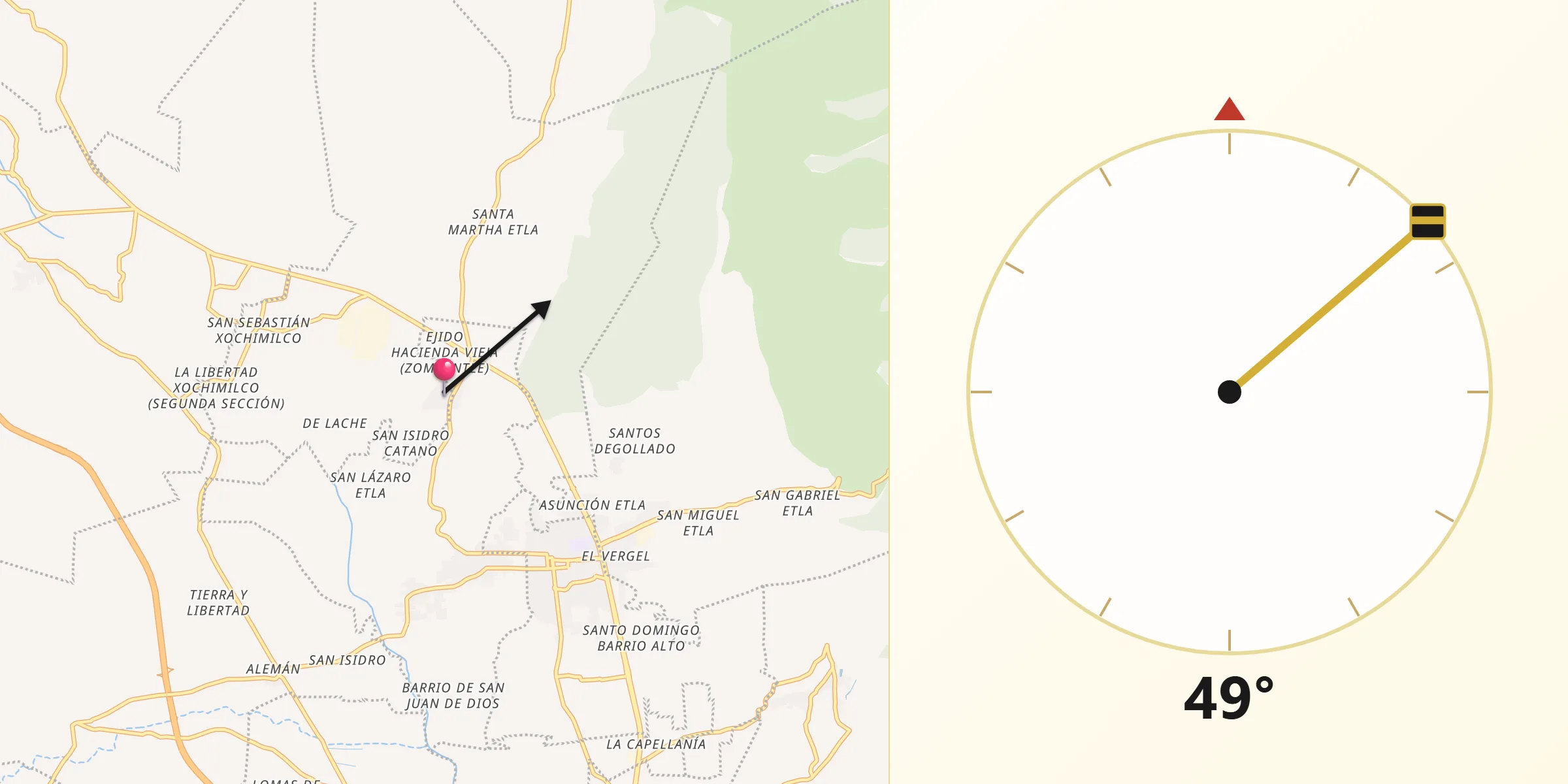 Dirección de la Qibla desde Fraccionamiento Ex-Hacienda Catano