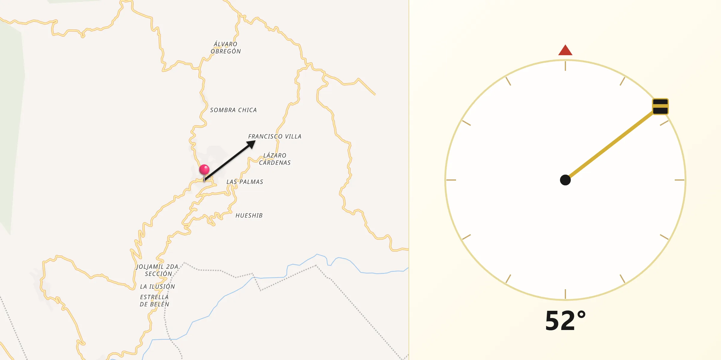 Dirección de la Qibla desde Tumbala