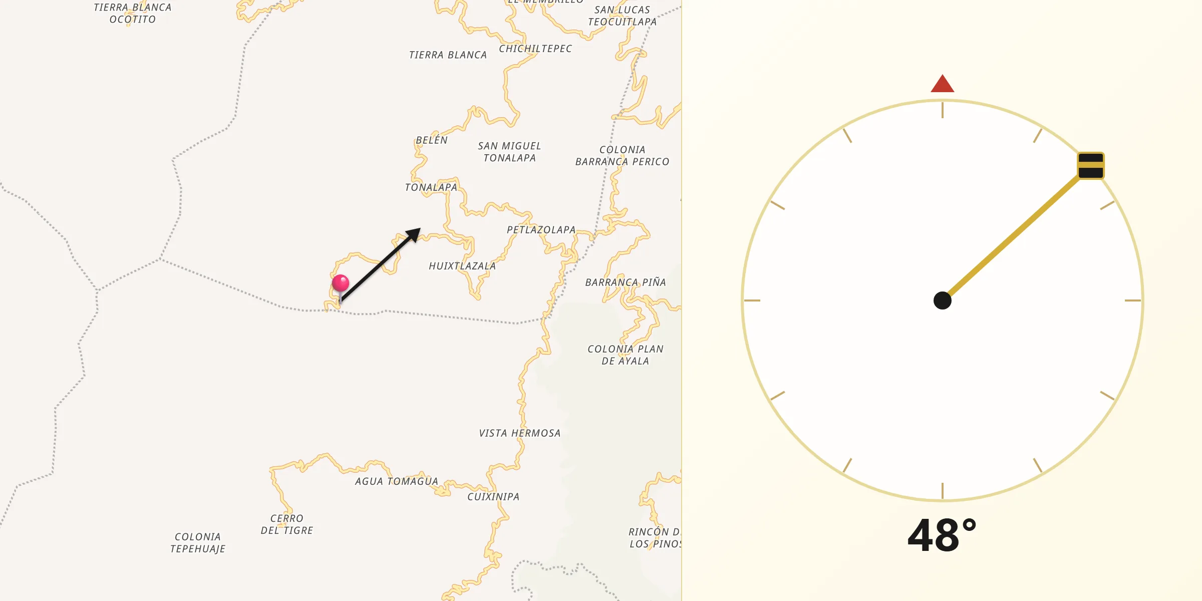 Dirección de la Qibla desde Caxitepec