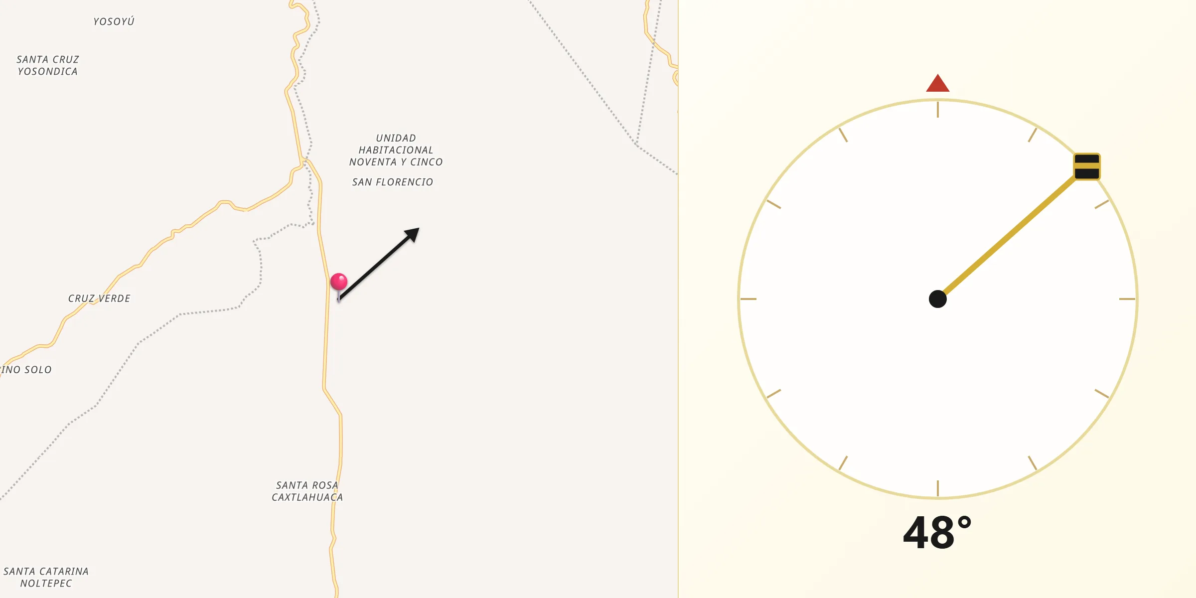 Dirección de la Qibla desde Santiago Juxtlahuaca