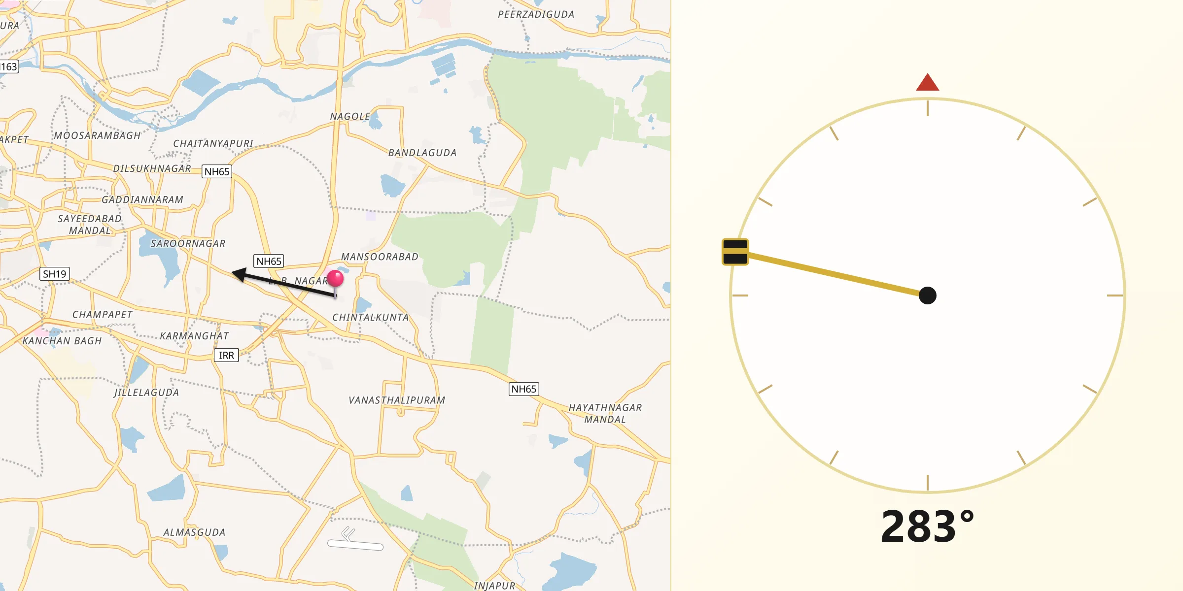 Qibla Direction from Lal Bahadur Nagar