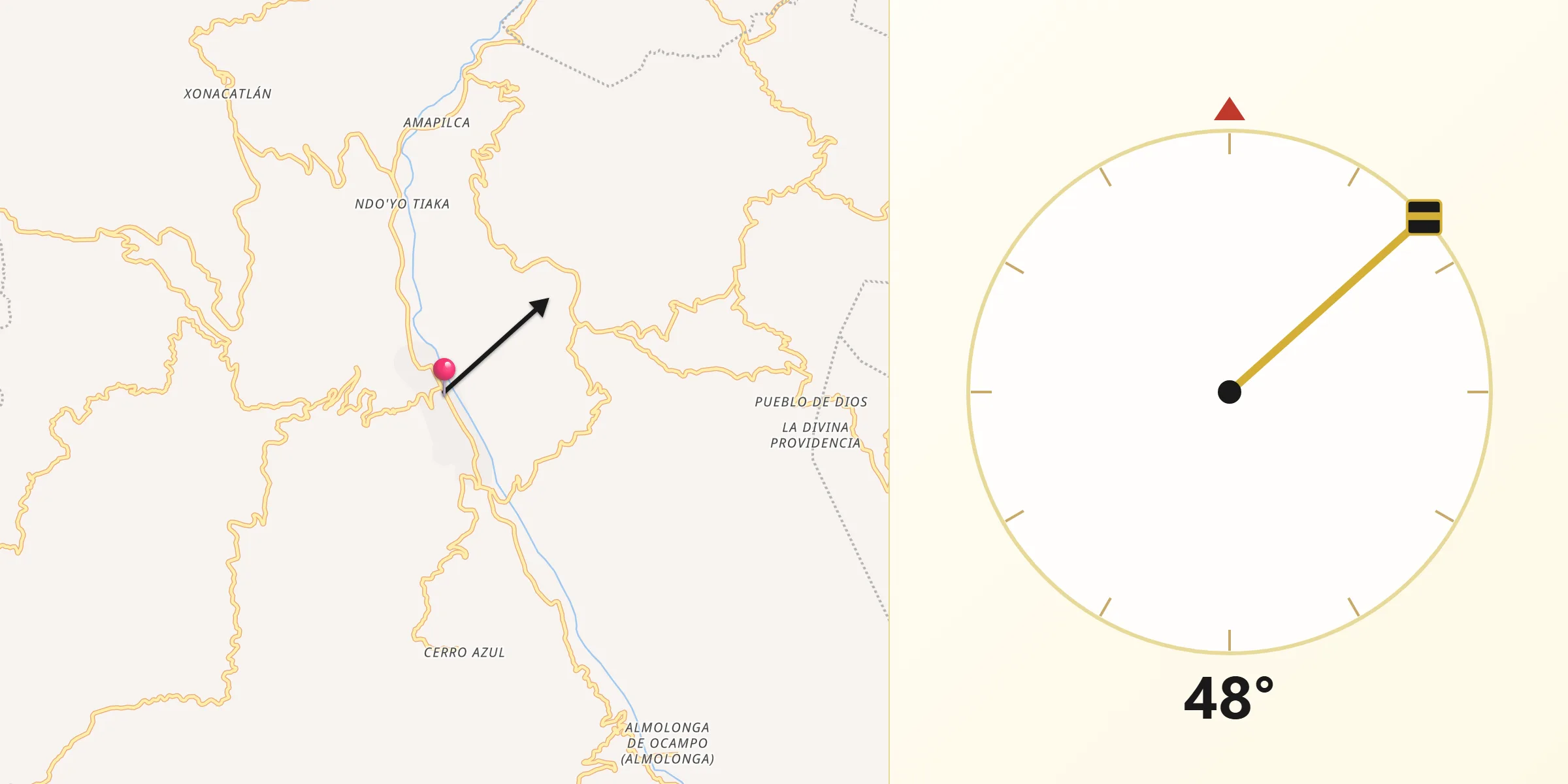 Dirección de la Qibla desde Alcozauca de Guerrero