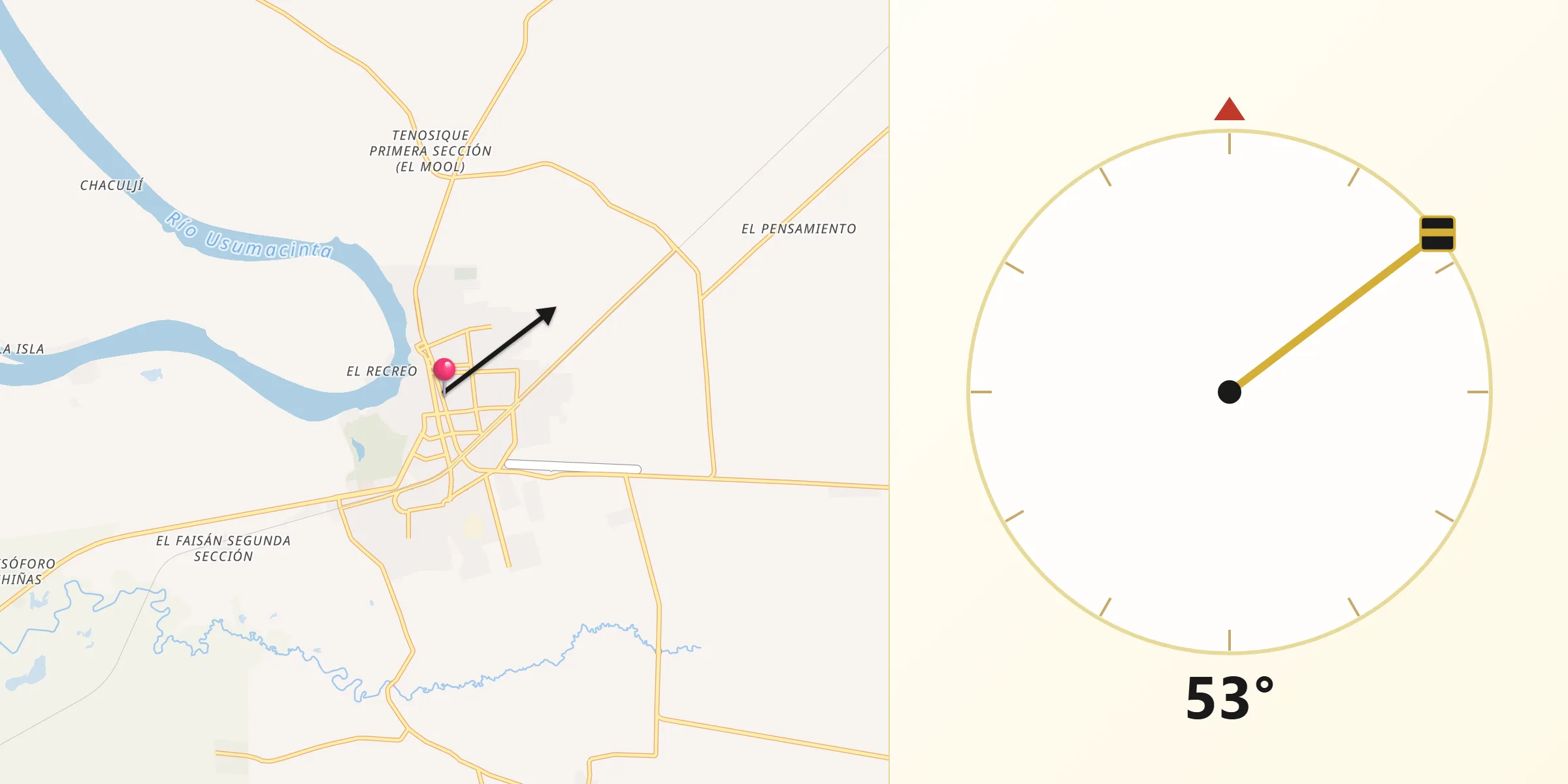 Dirección de la Qibla desde Tenosique
