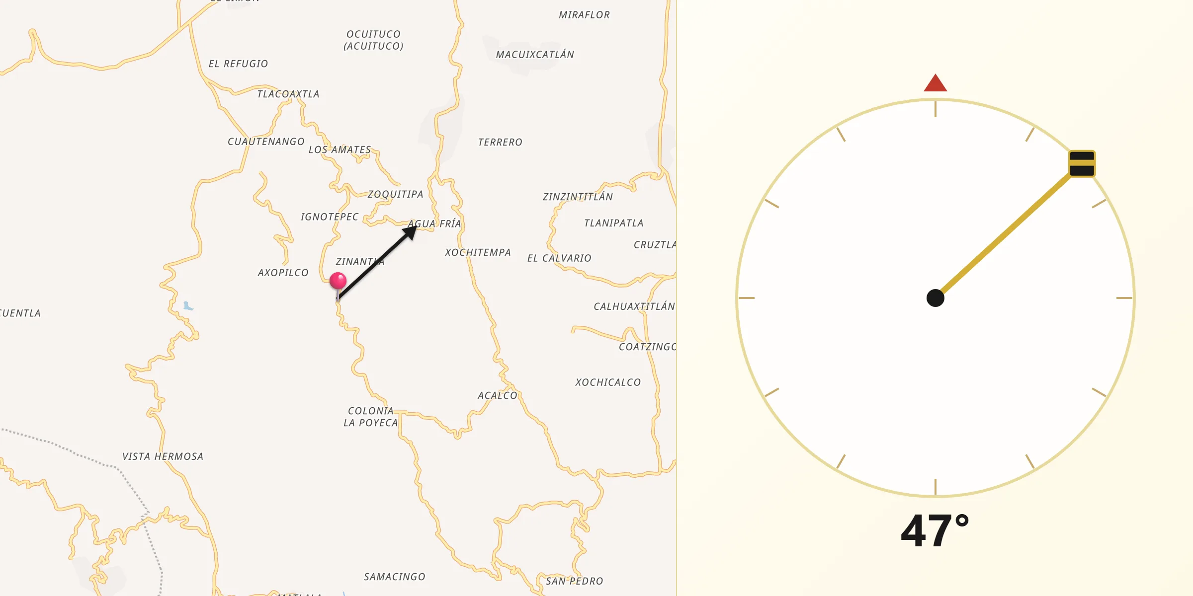 Dirección de la Qibla desde Tlaxinga (Clatzinga)