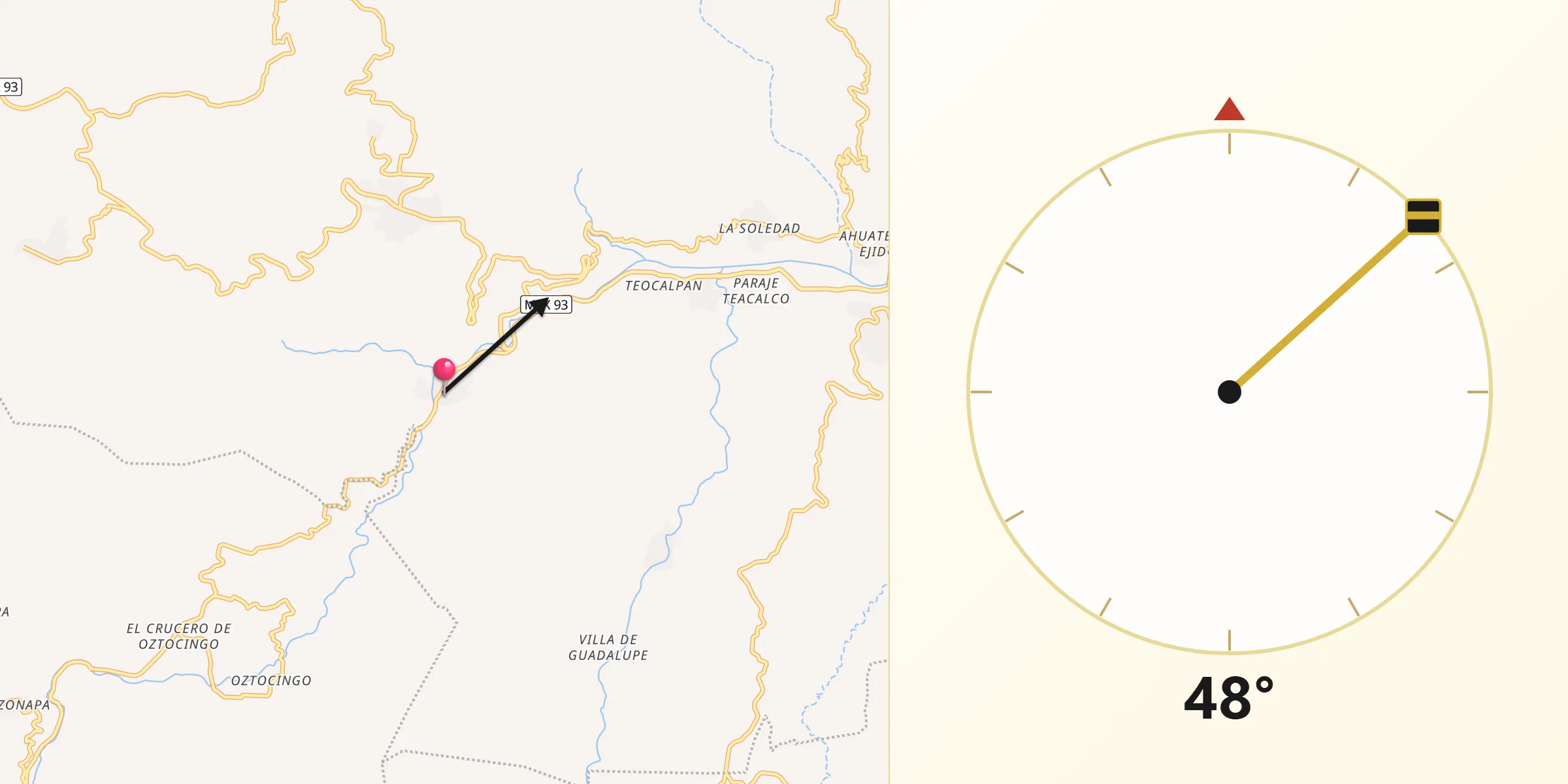 Dirección de la Qibla desde Atlamajalcingo del Río