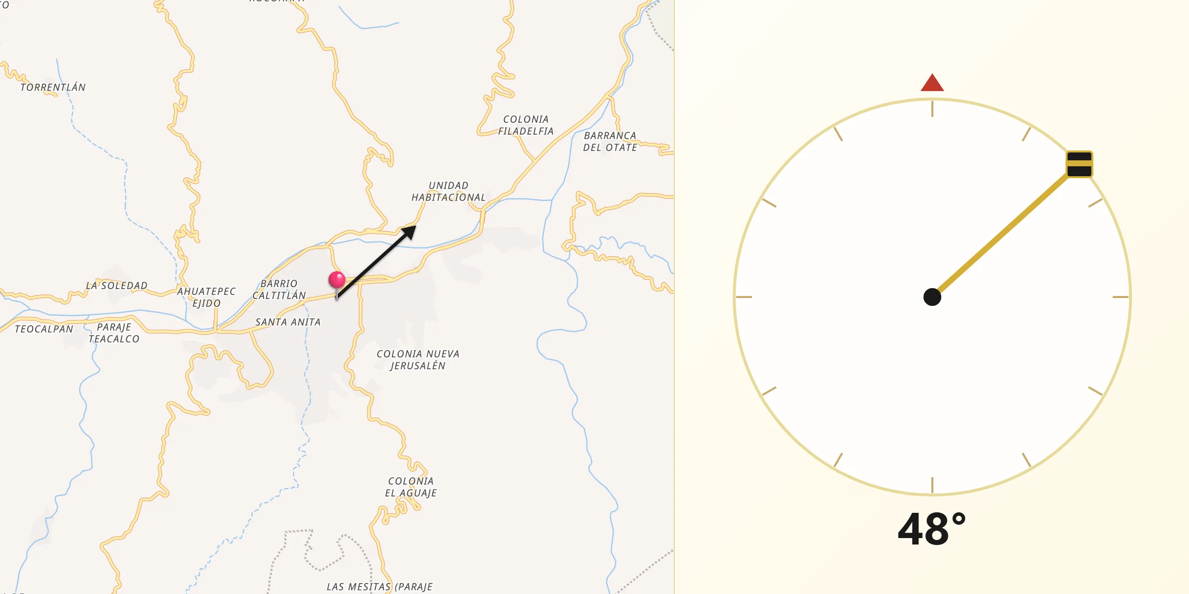 Dirección de la Qibla desde Tlapa de Comonfort