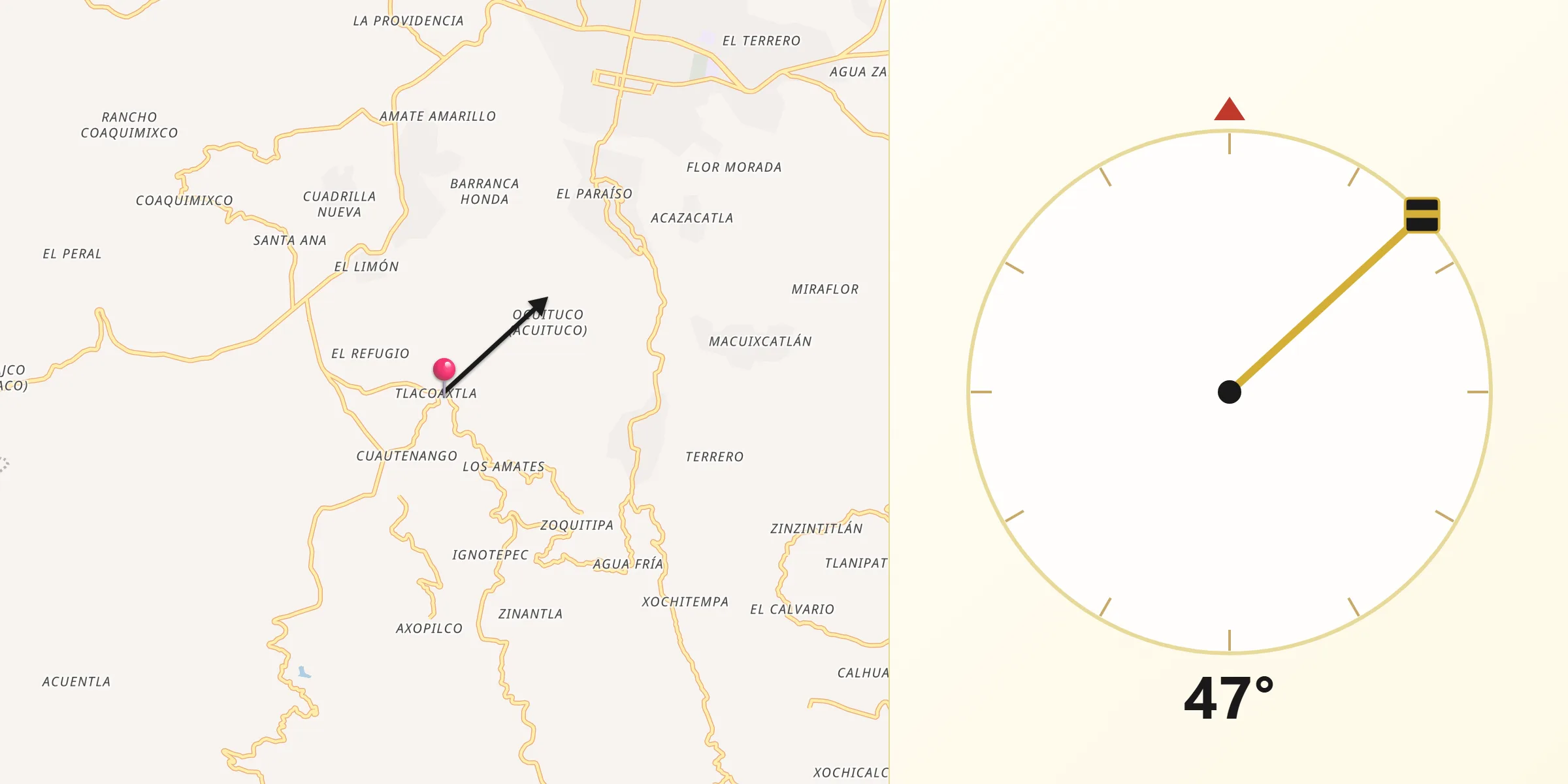Dirección de la Qibla desde Tlacoaxtla