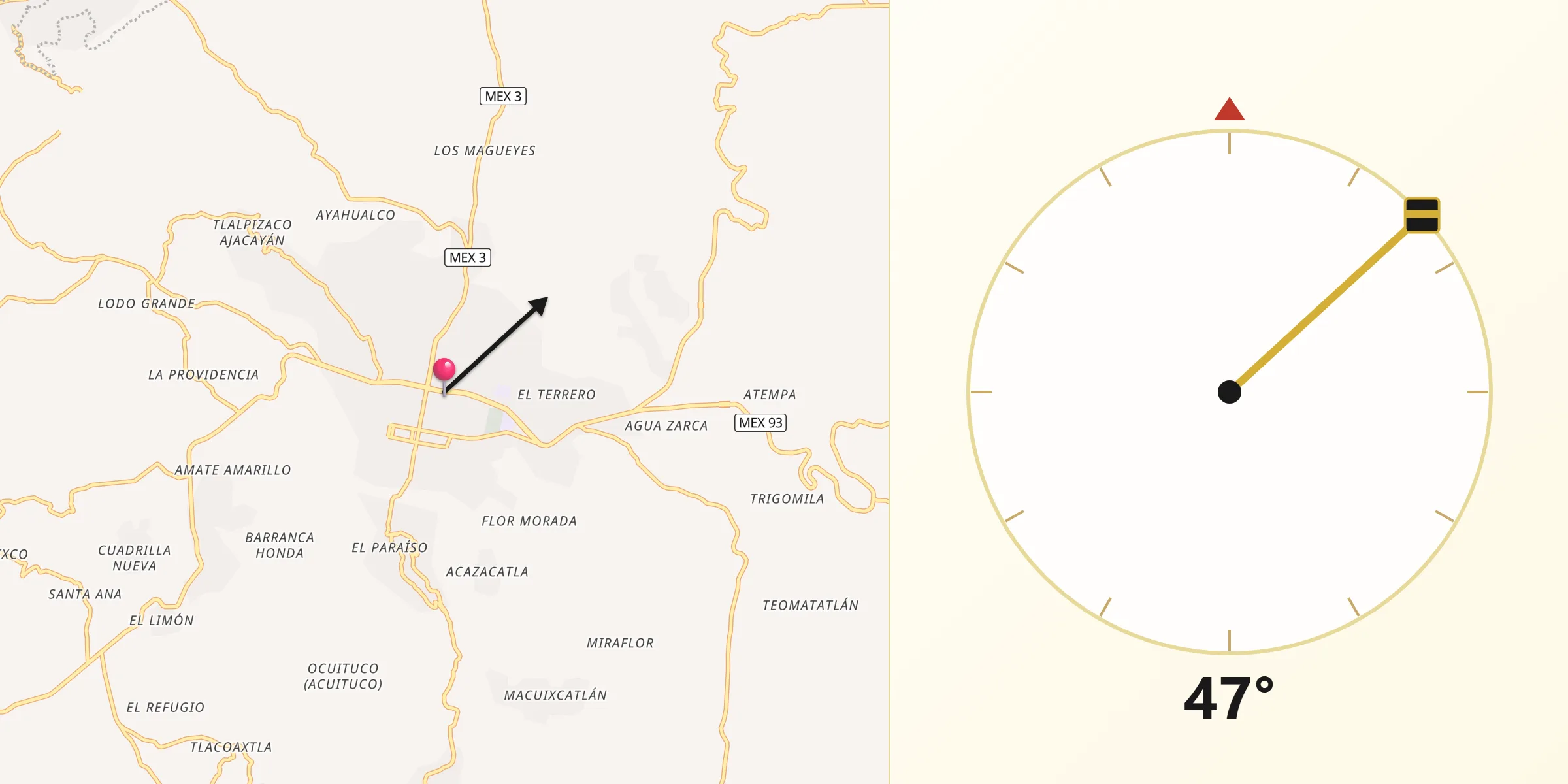 Dirección de la Qibla desde Chilapa de Álvarez