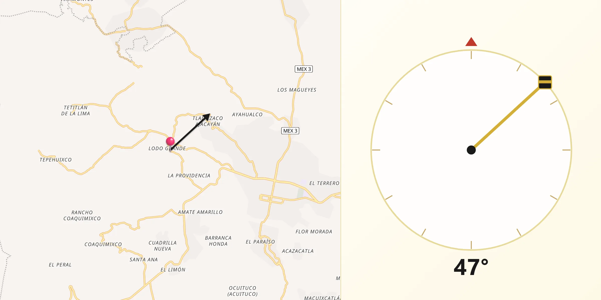 Dirección de la Qibla desde Lodo Grande