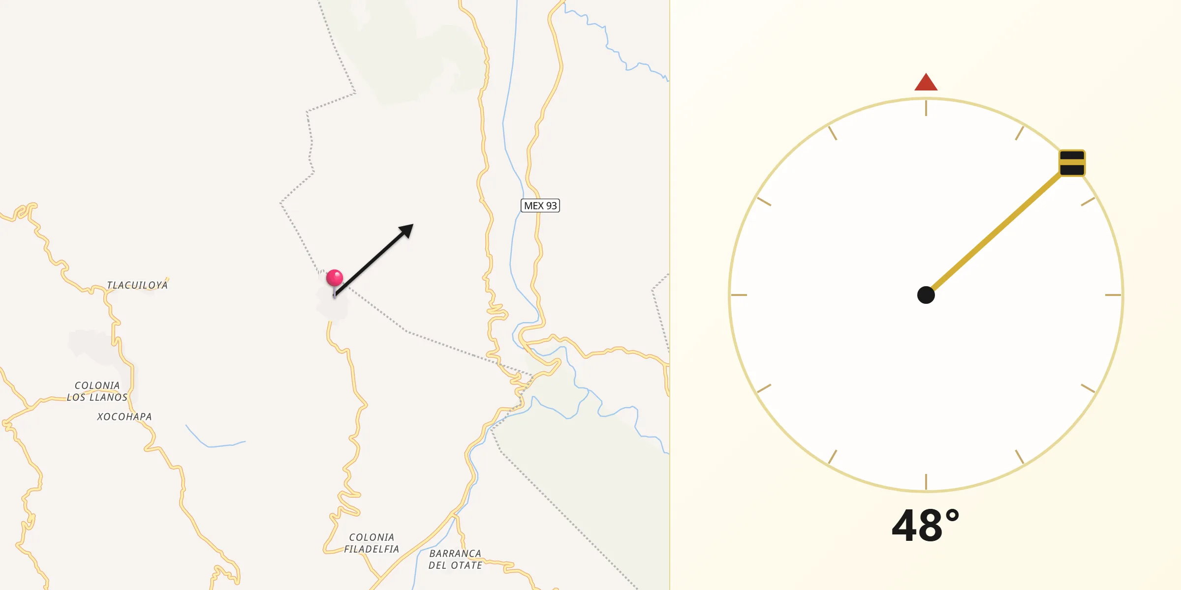 Dirección de la Qibla desde Tlatzala