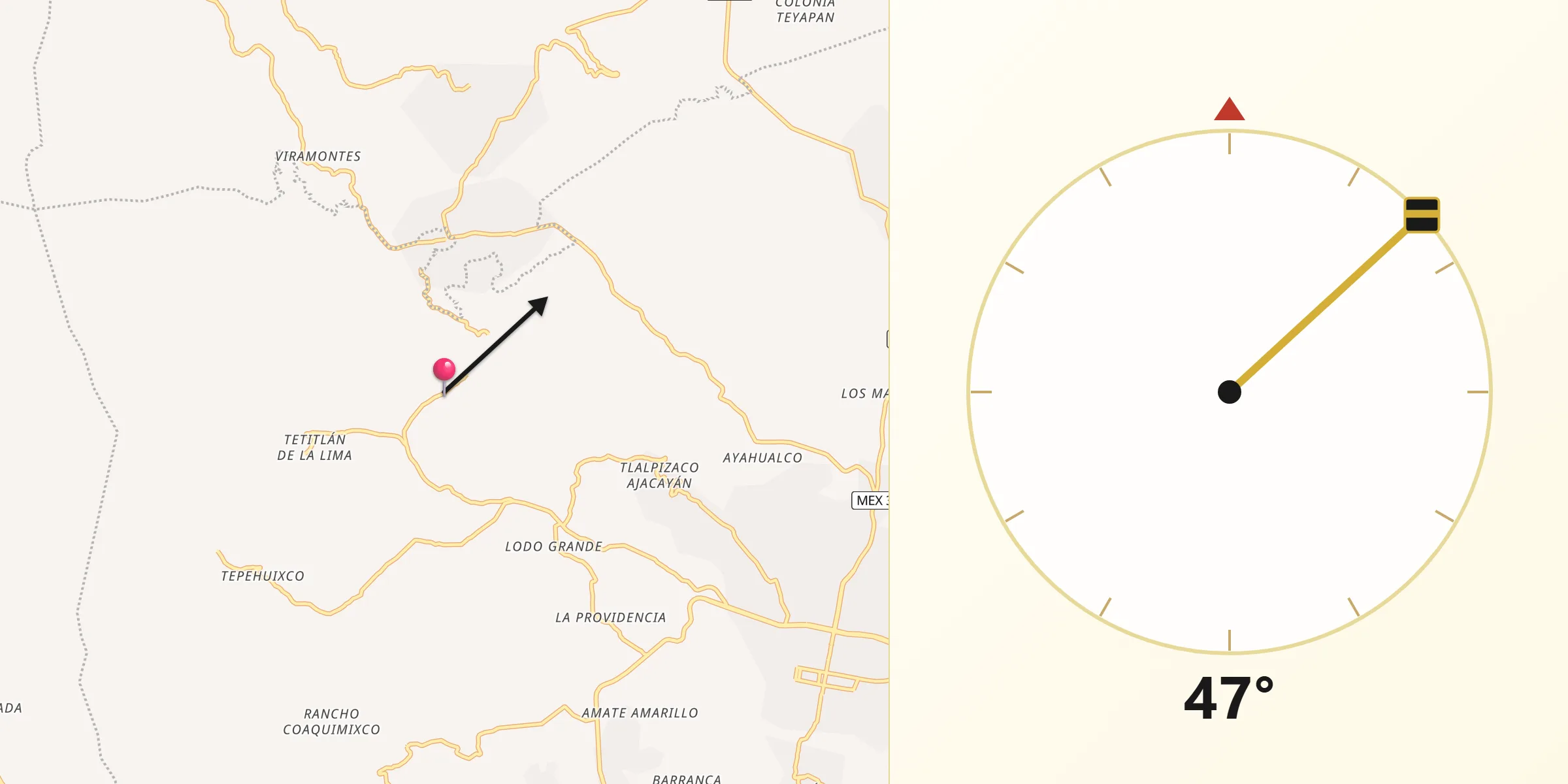 Dirección de la Qibla desde Ahuihuiyuco