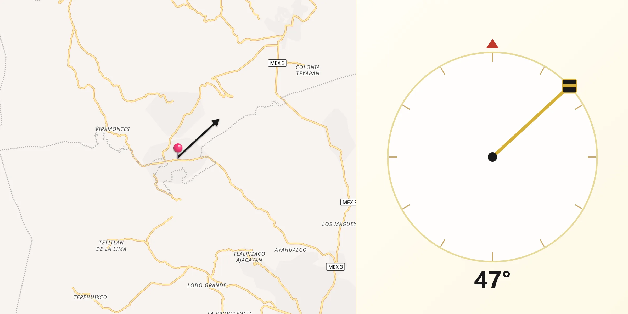 Dirección de la Qibla desde Topiltepec
