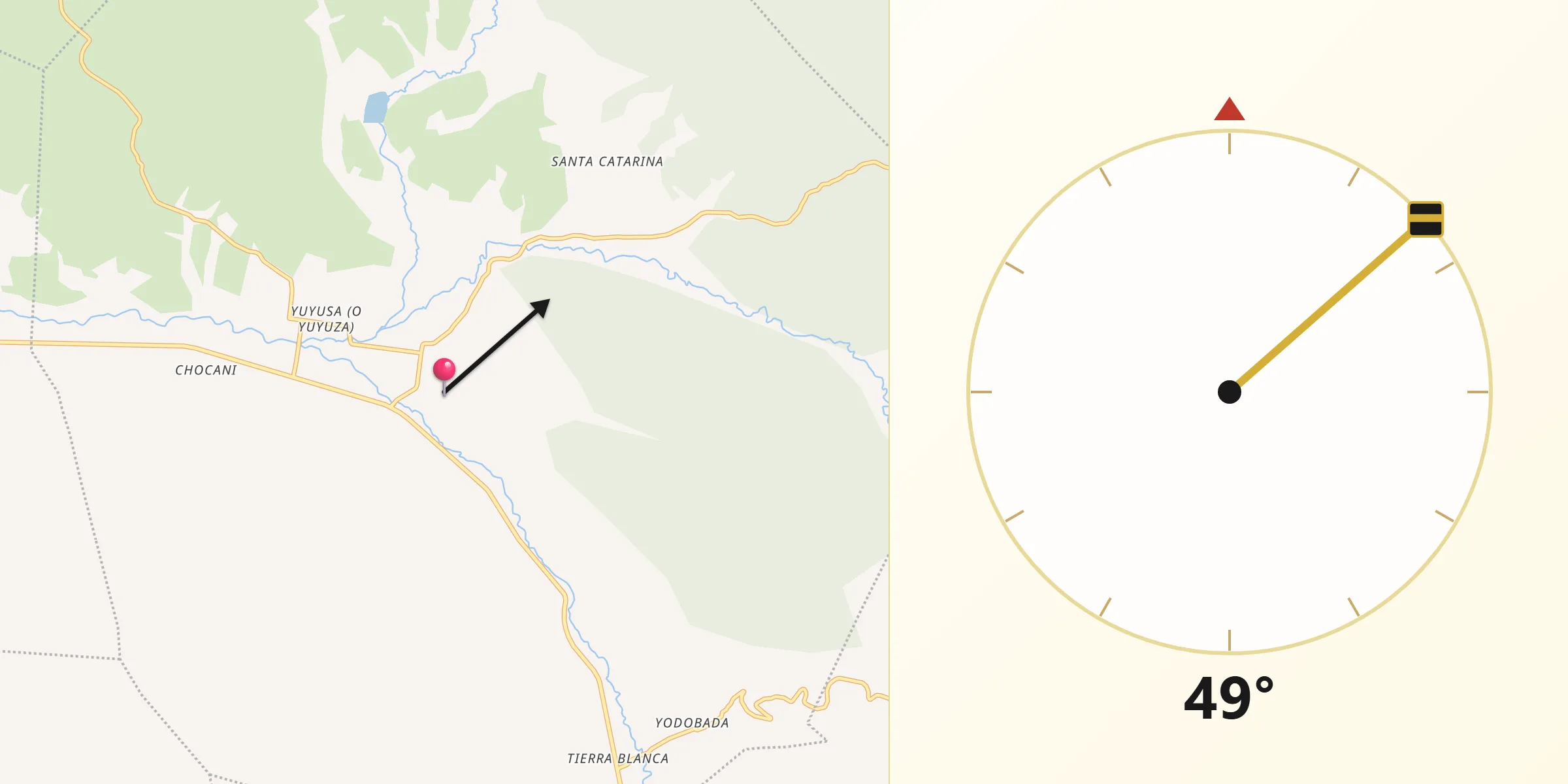 Dirección de la Qibla desde Villa Tejúpam de la Unión