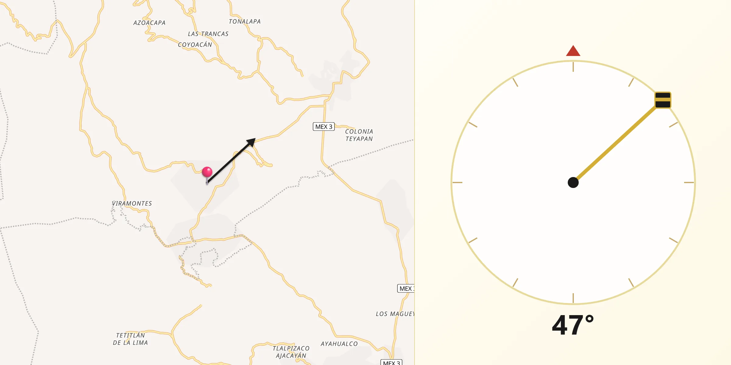 Dirección de la Qibla desde Pochahuizco