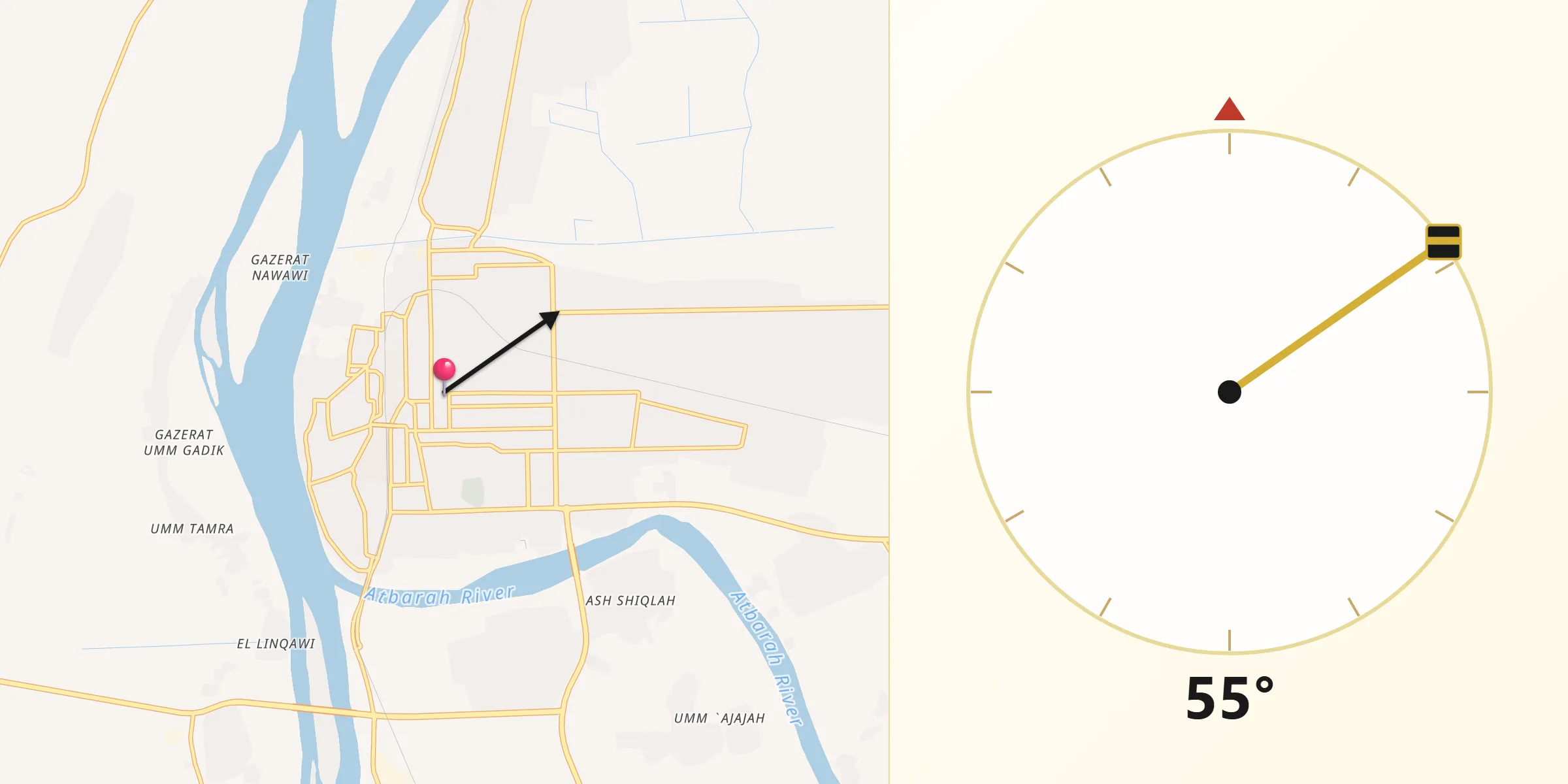 Direction vers la Qibla depuis Atbara