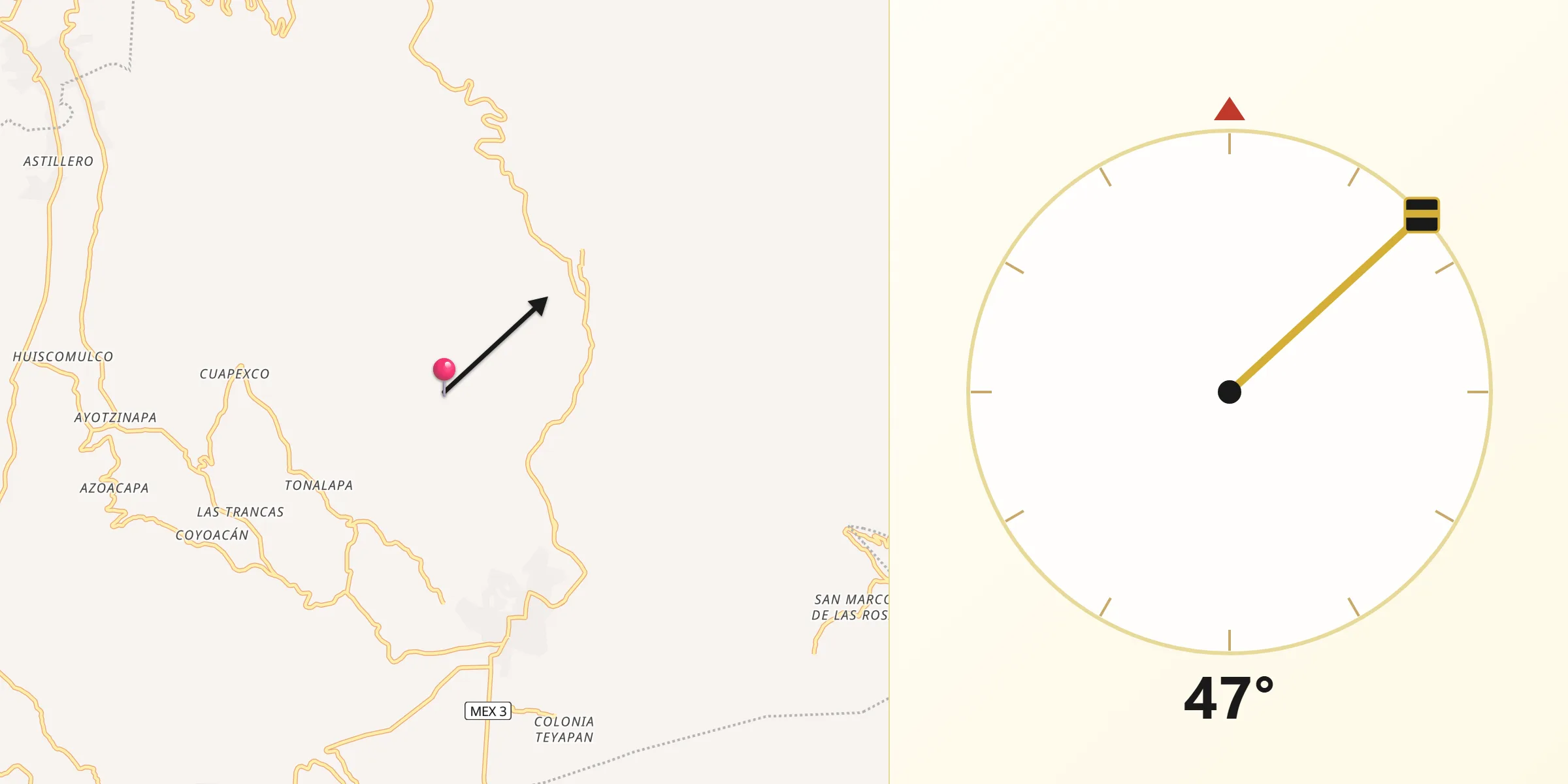 Dirección de la Qibla desde Zitlala