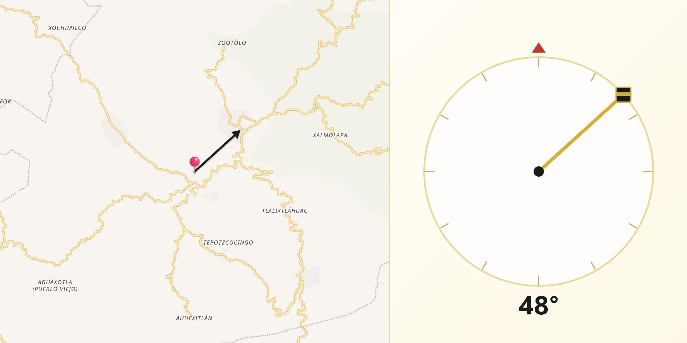 Dirección de la Qibla desde Cualác