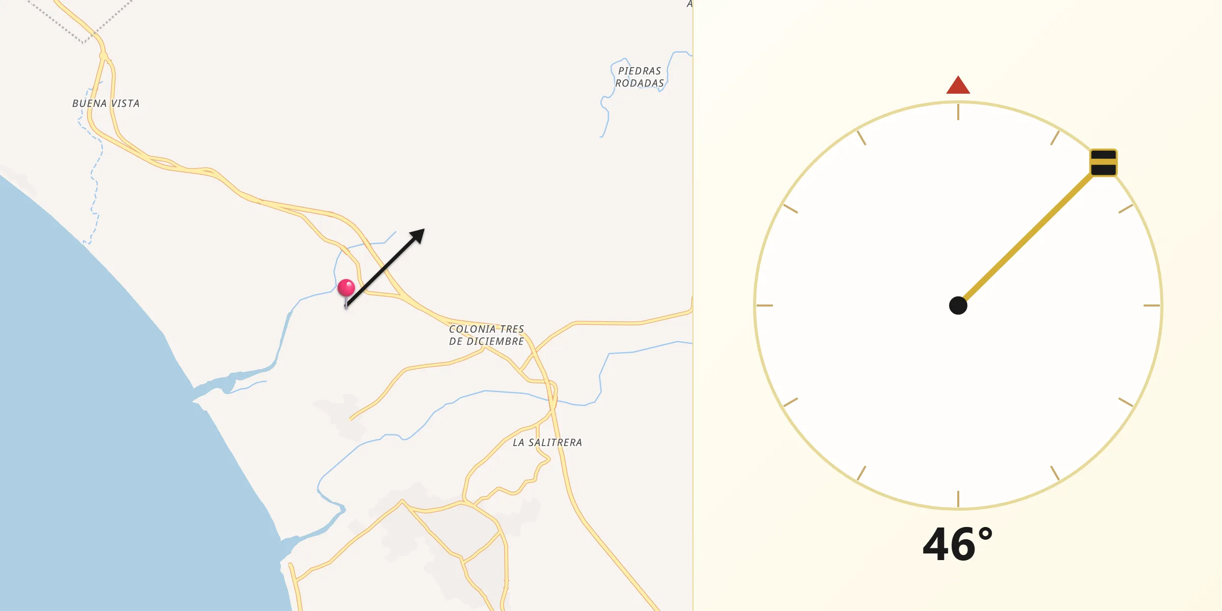 Dirección de la Qibla desde Pantla