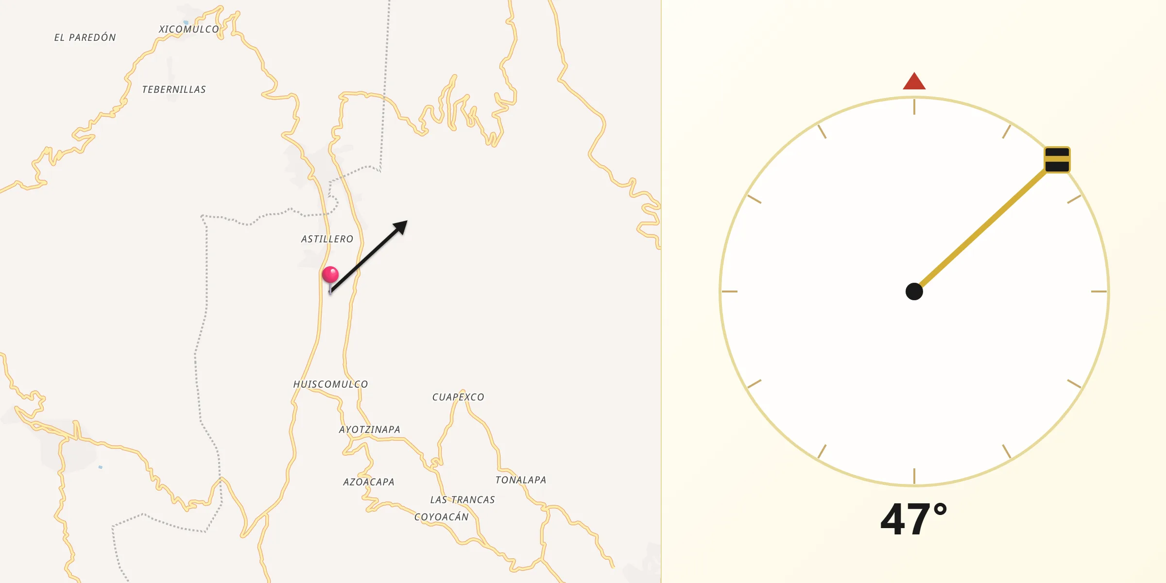 Dirección de la Qibla desde Rancho de las Lomas