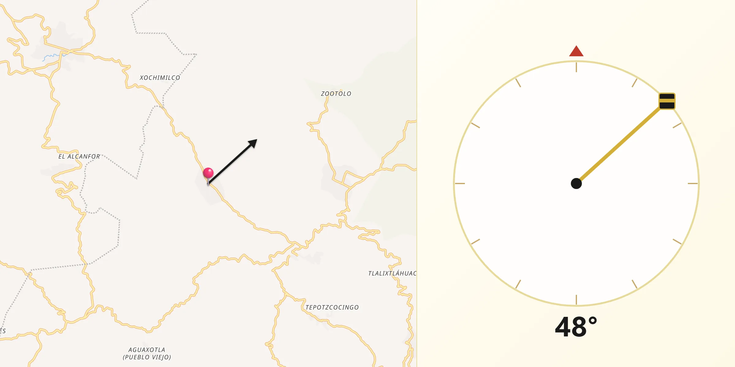 Dirección de la Qibla desde Chiaucingo