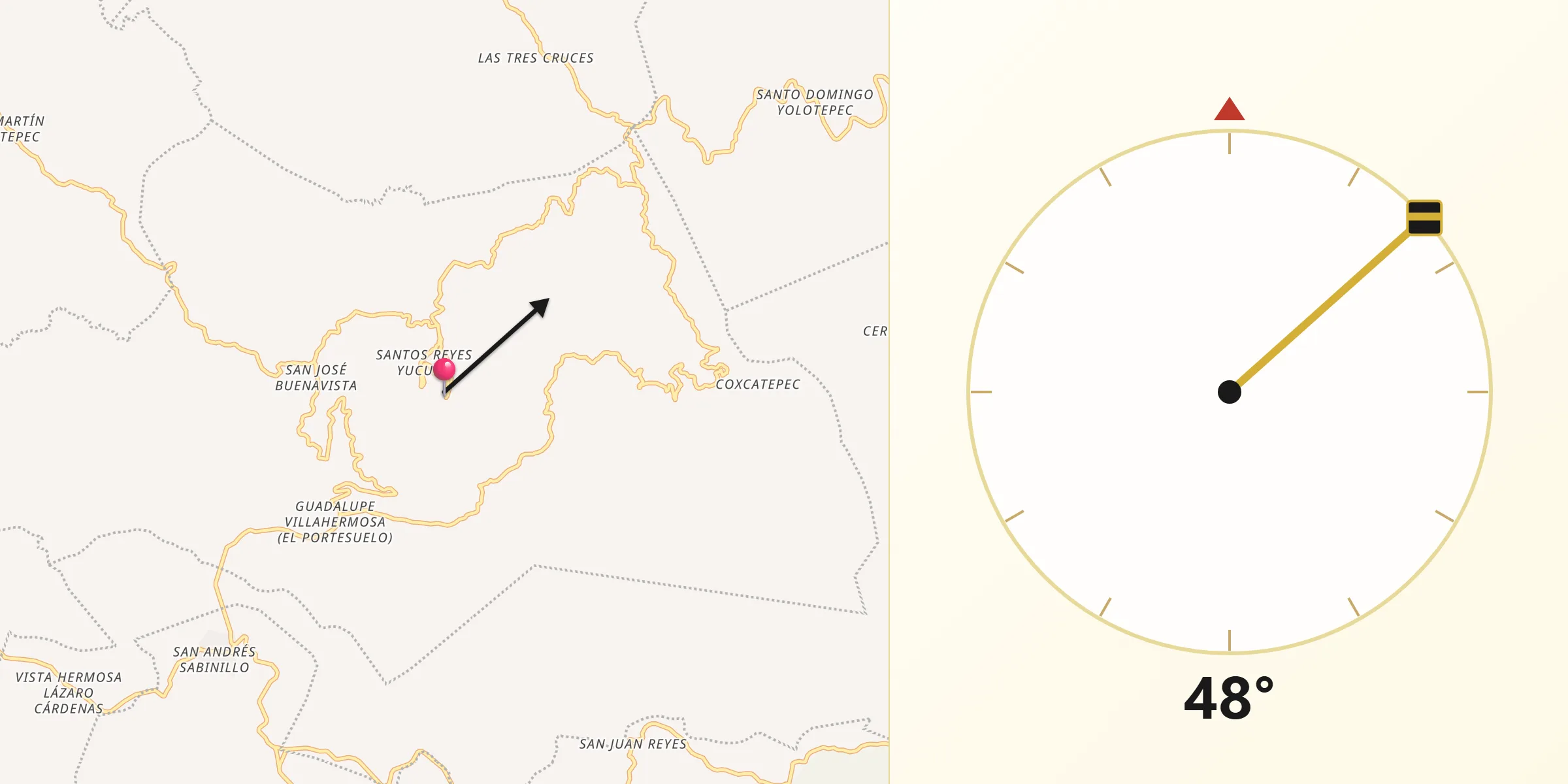 Dirección de la Qibla desde Santos Reyes Yucuná
