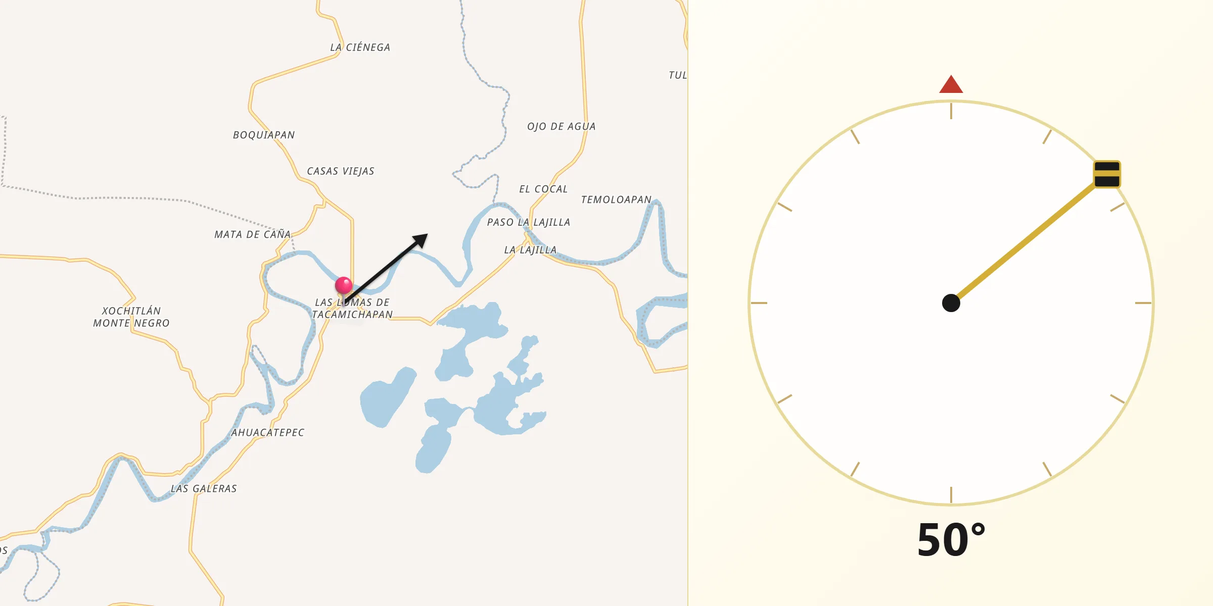 Dirección de la Qibla desde Las Lomas de Tacamichapan