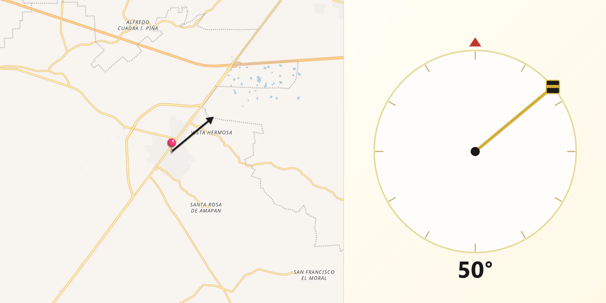 Dirección de la Qibla desde Sayula de Alemán