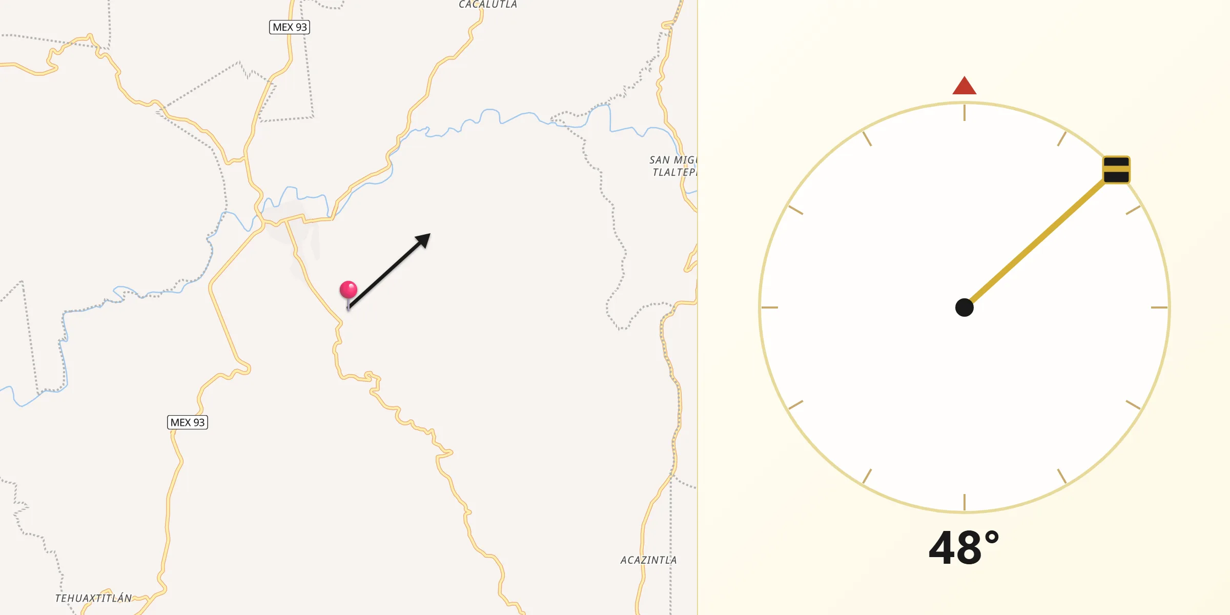 Dirección de la Qibla desde Xochihuehuetlán