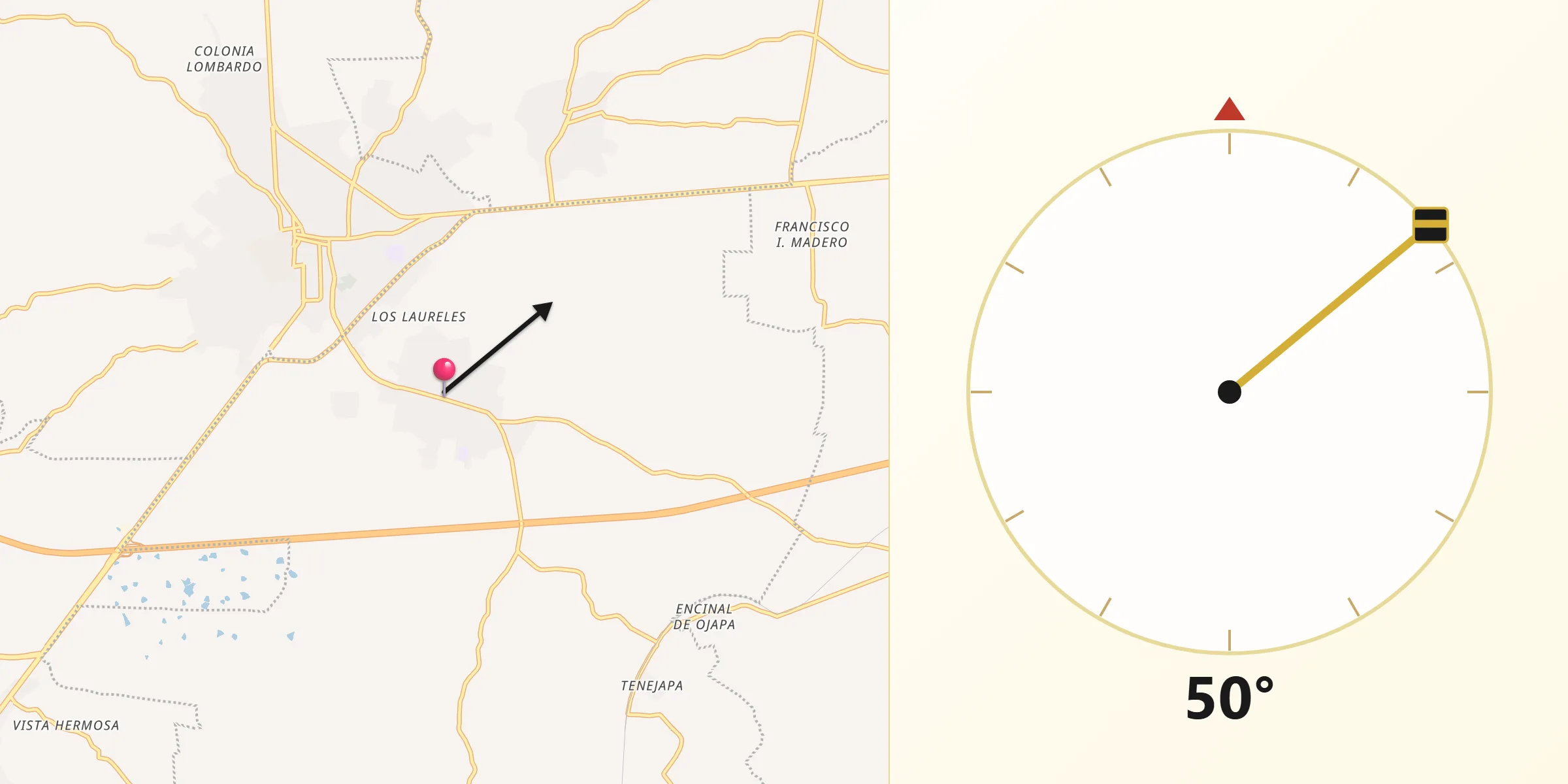 Dirección de la Qibla desde Oluta