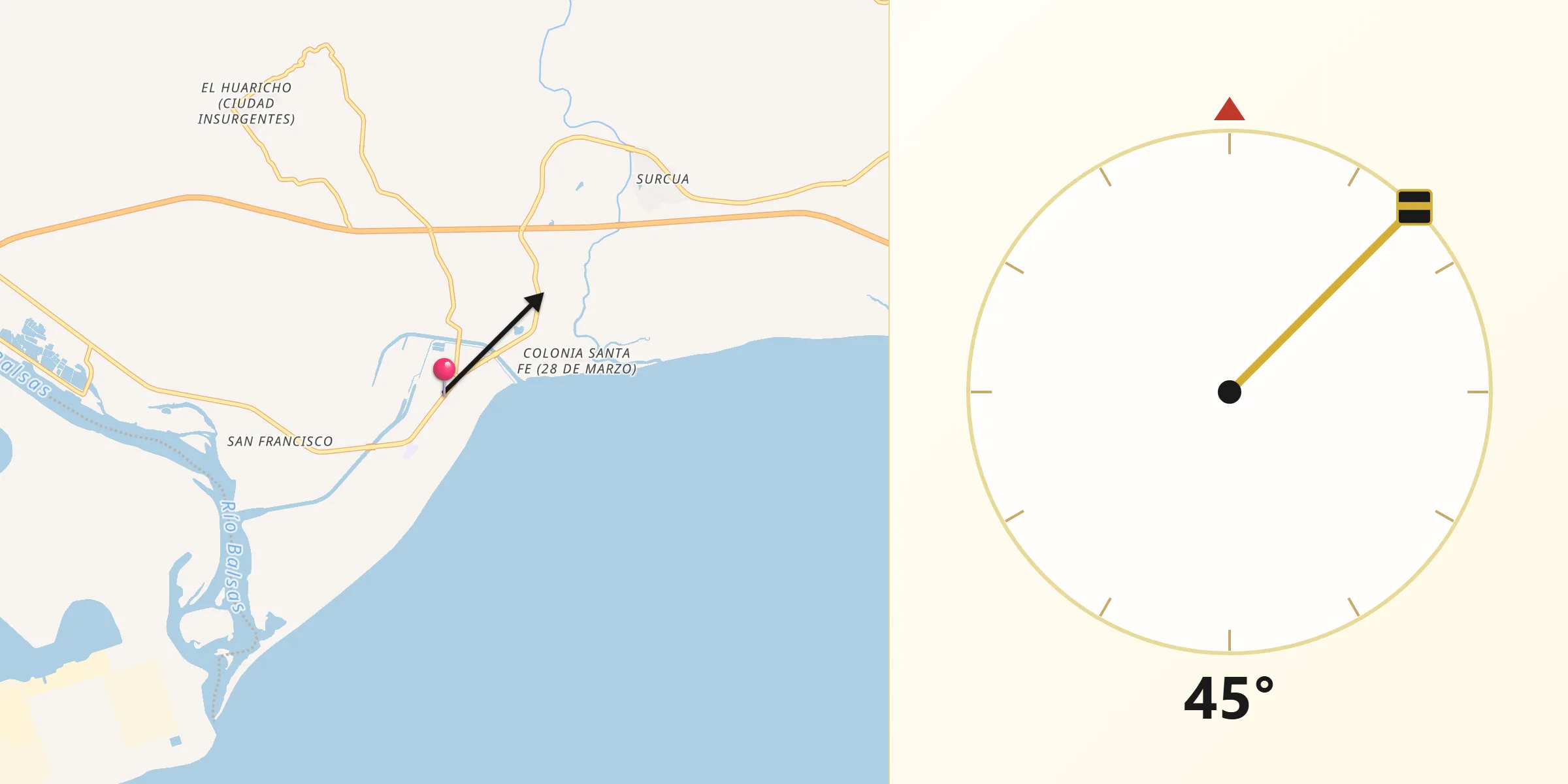 Dirección de la Qibla desde Petacalco