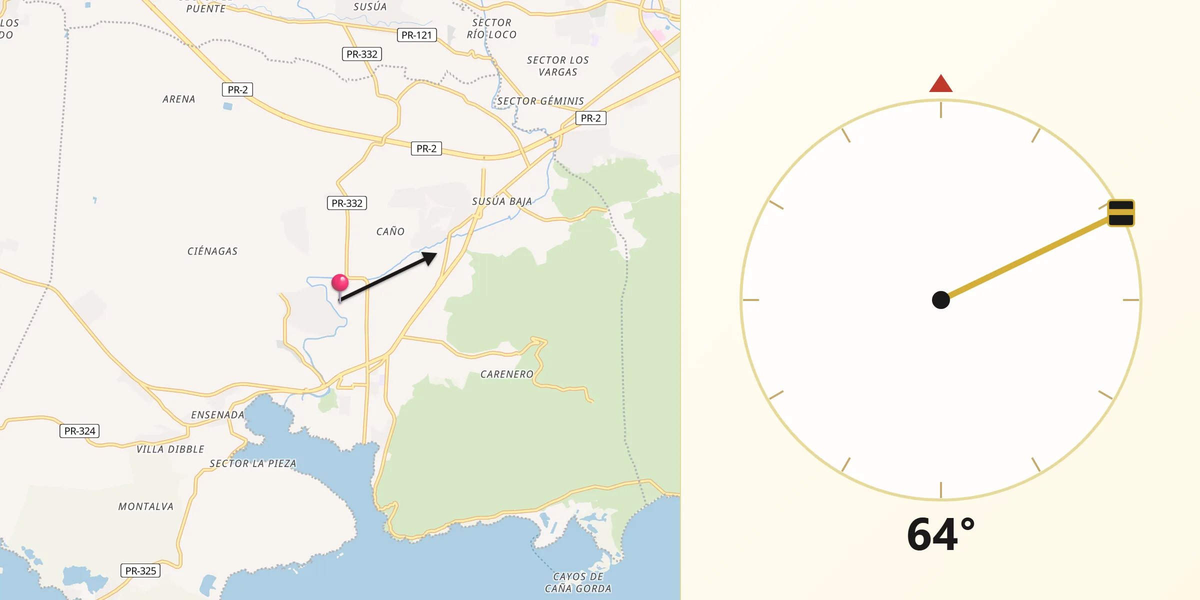 Qibla Direction from Guánica Municipio