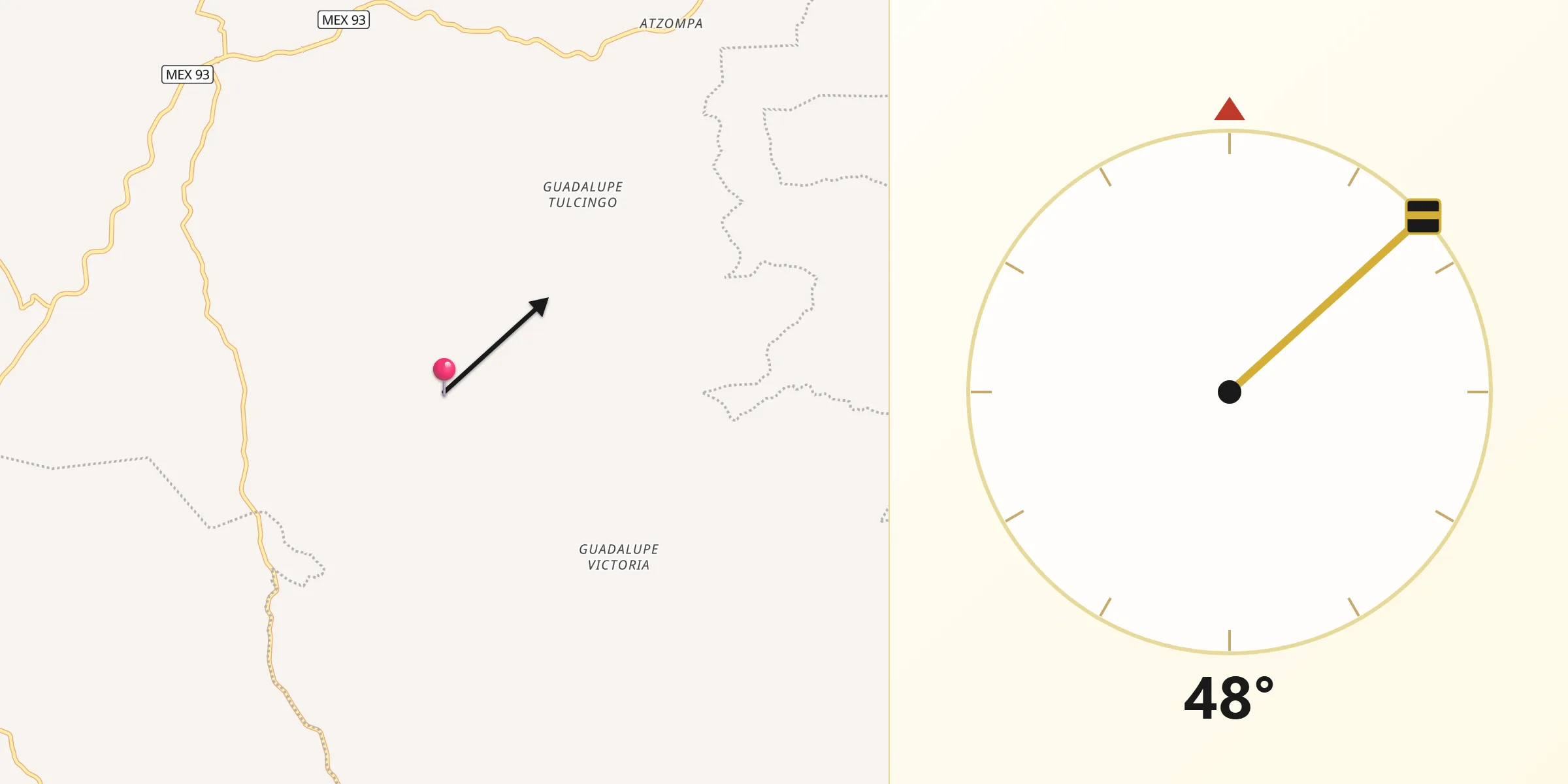 Dirección de la Qibla desde Tulcingo