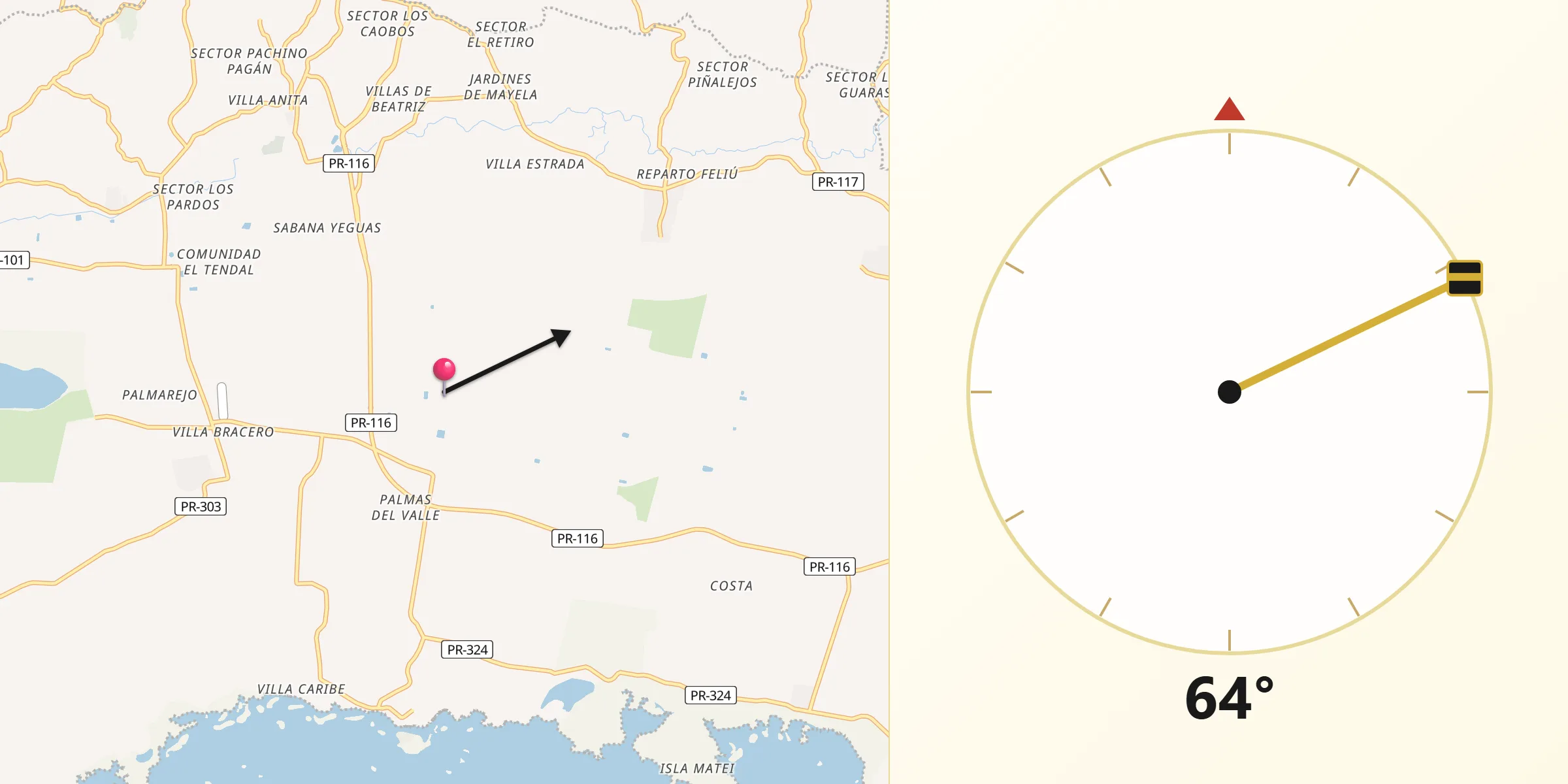 Qibla Direction from Lajas Municipio