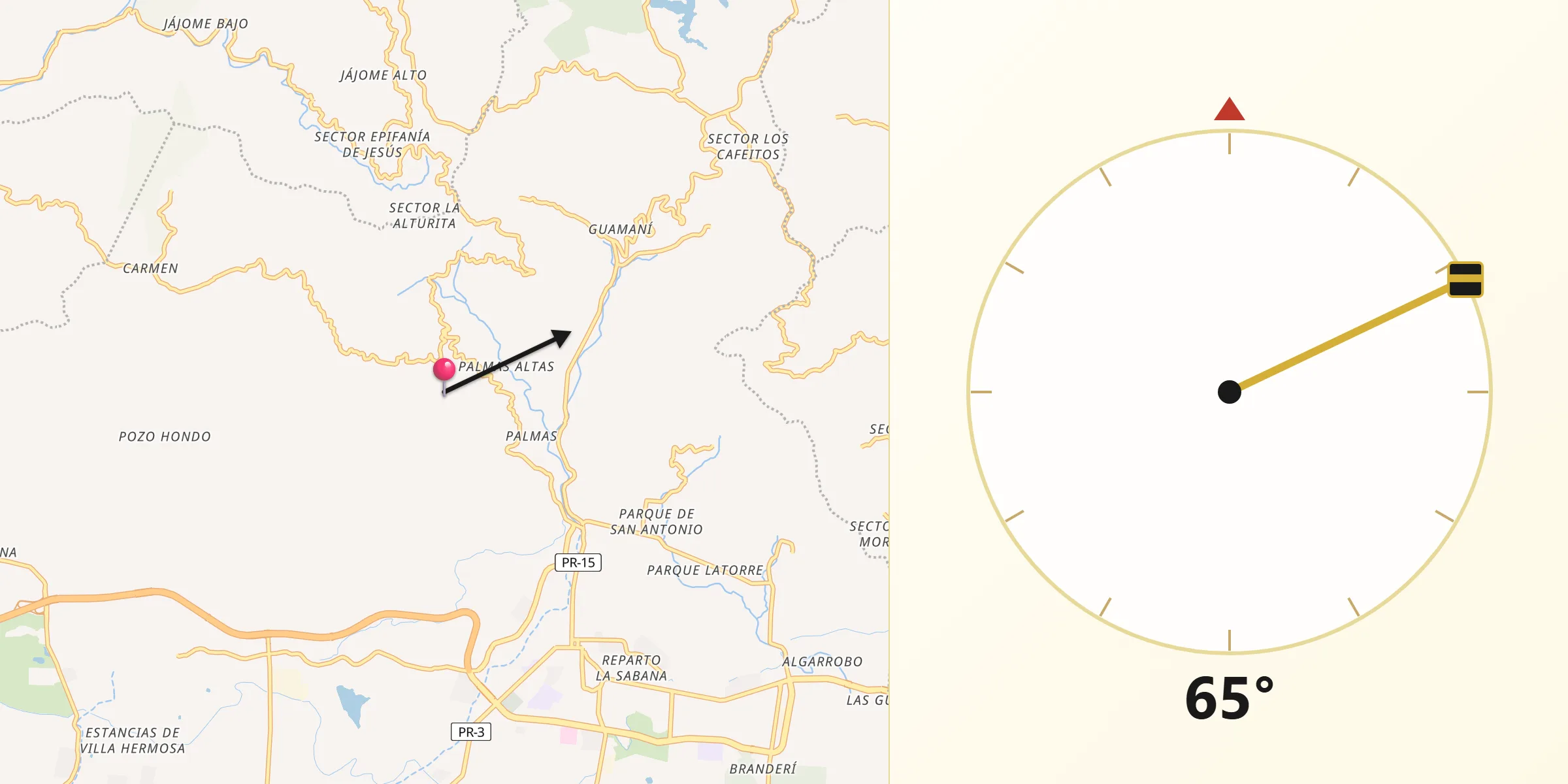 Qibla Direction from Guayama Municipio