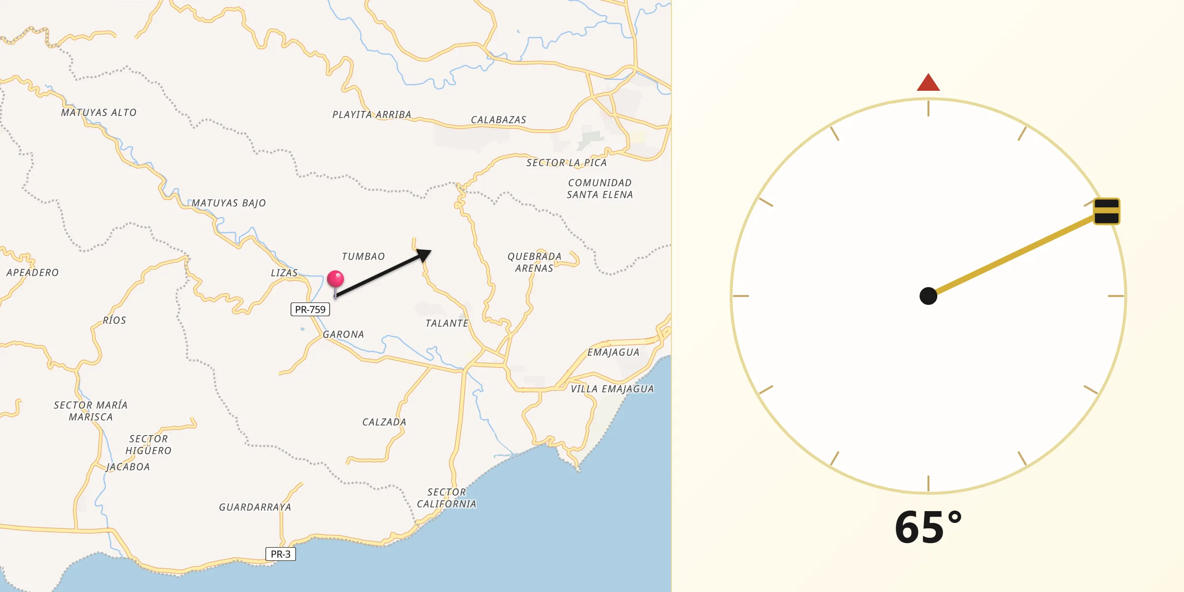 Qibla Direction from Maunabo Municipio