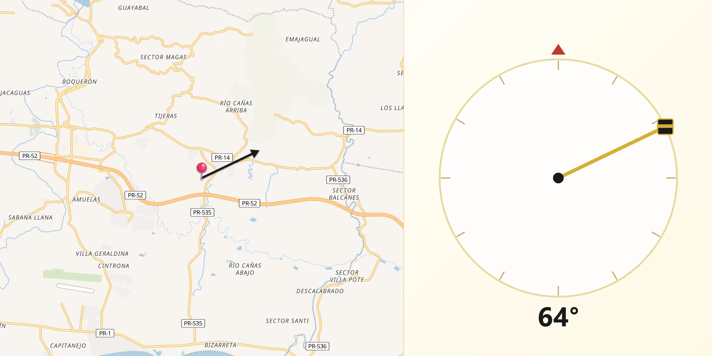 Qibla Direction from Río Cañas Abajo