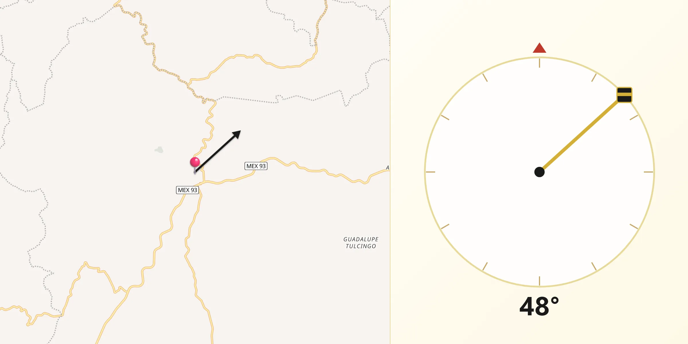 Dirección de la Qibla desde Tulcingo de Valle