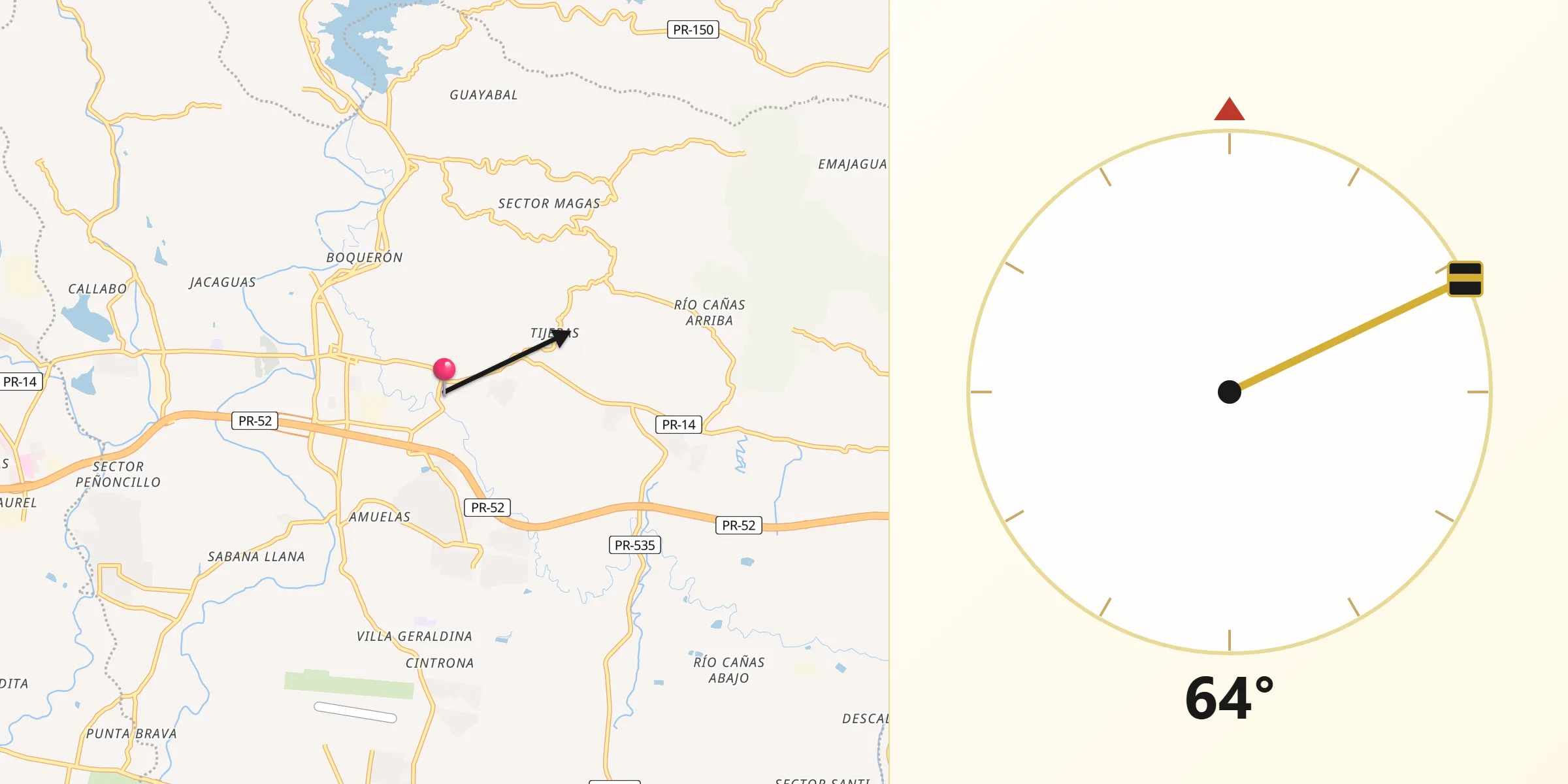 Qibla Direction from Juana Díaz Municipio