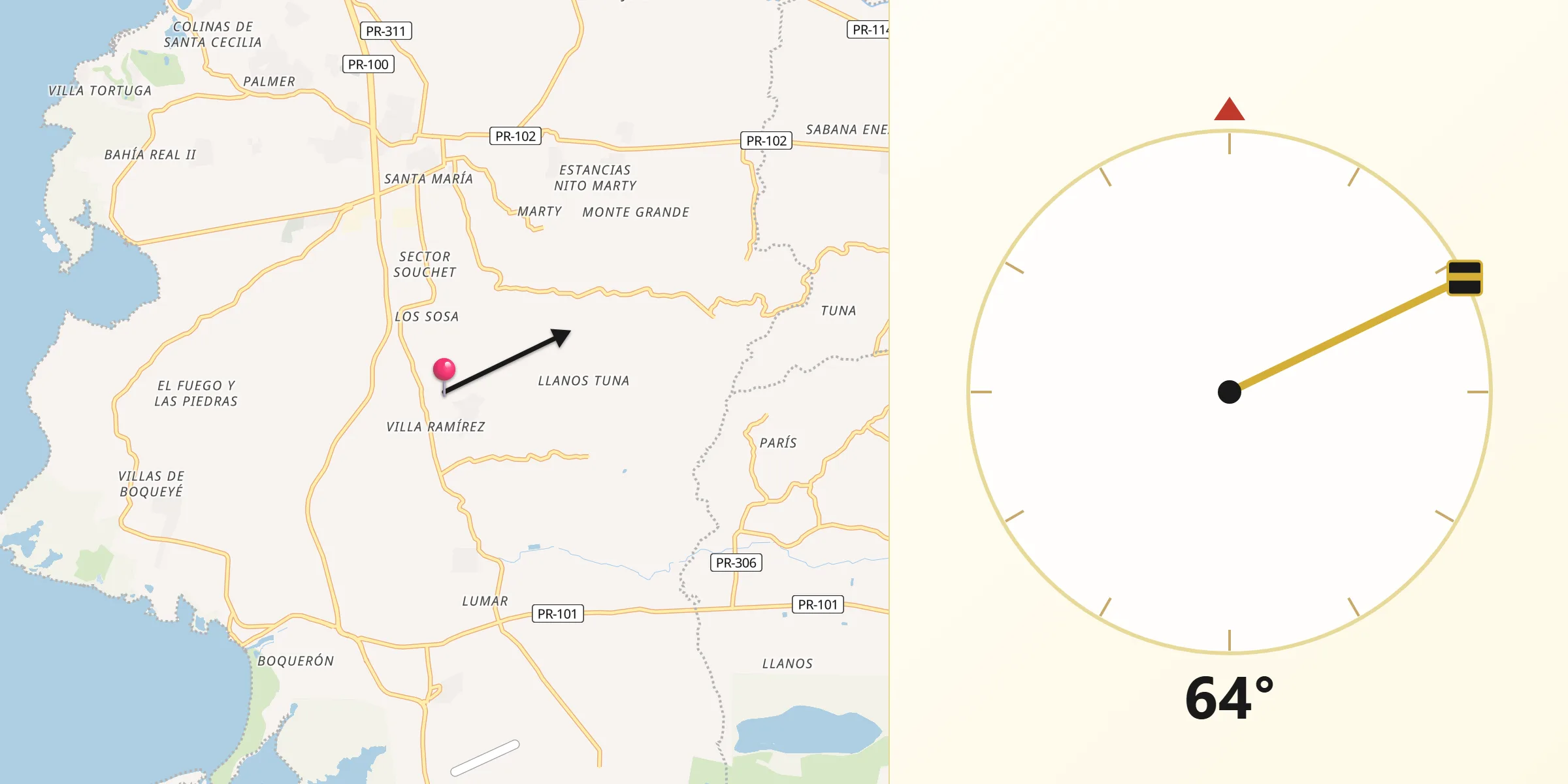 Qibla Direction from Cabo Rojo Municipio