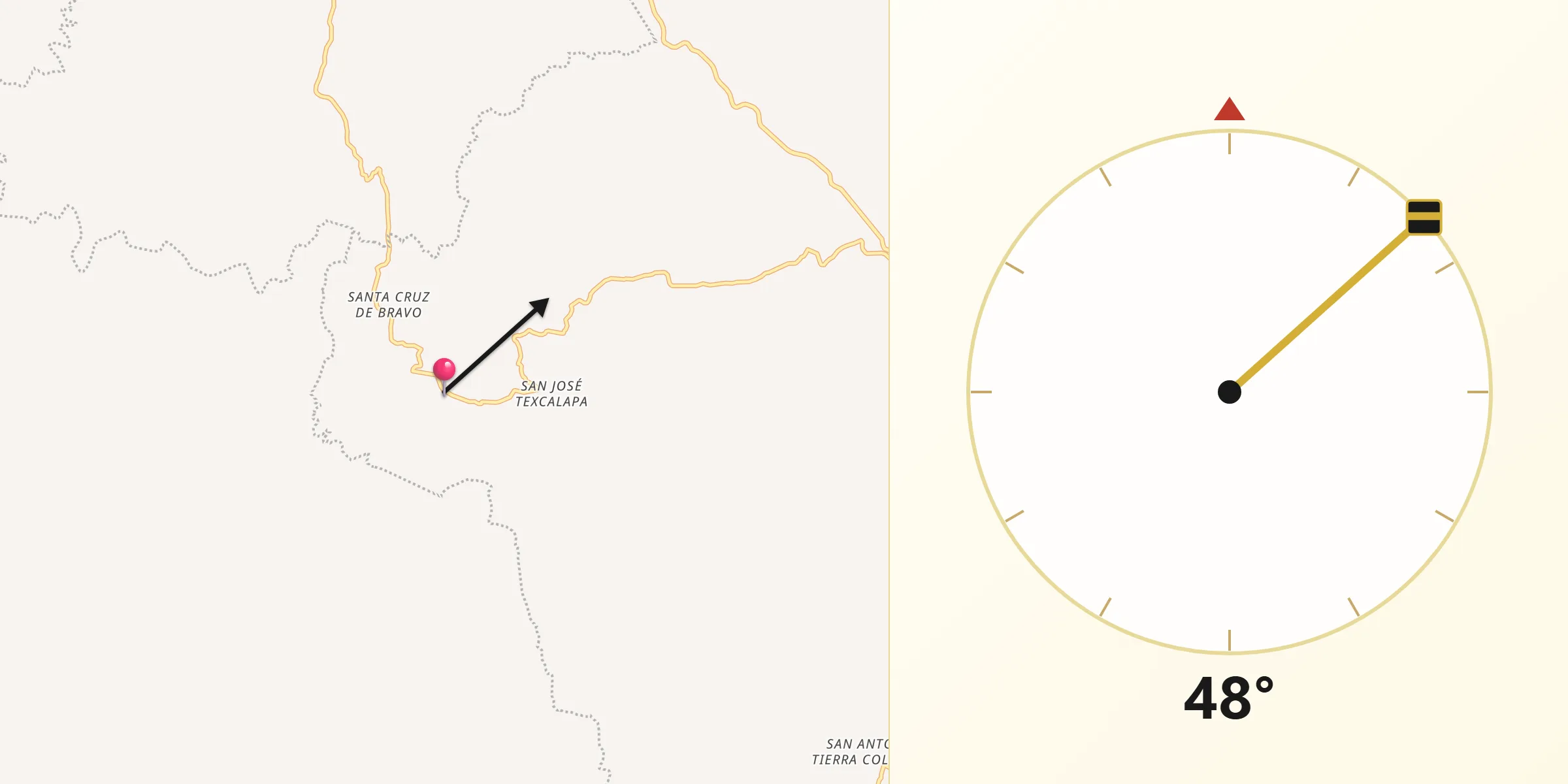 Dirección de la Qibla desde Texcalapa de Juárez
